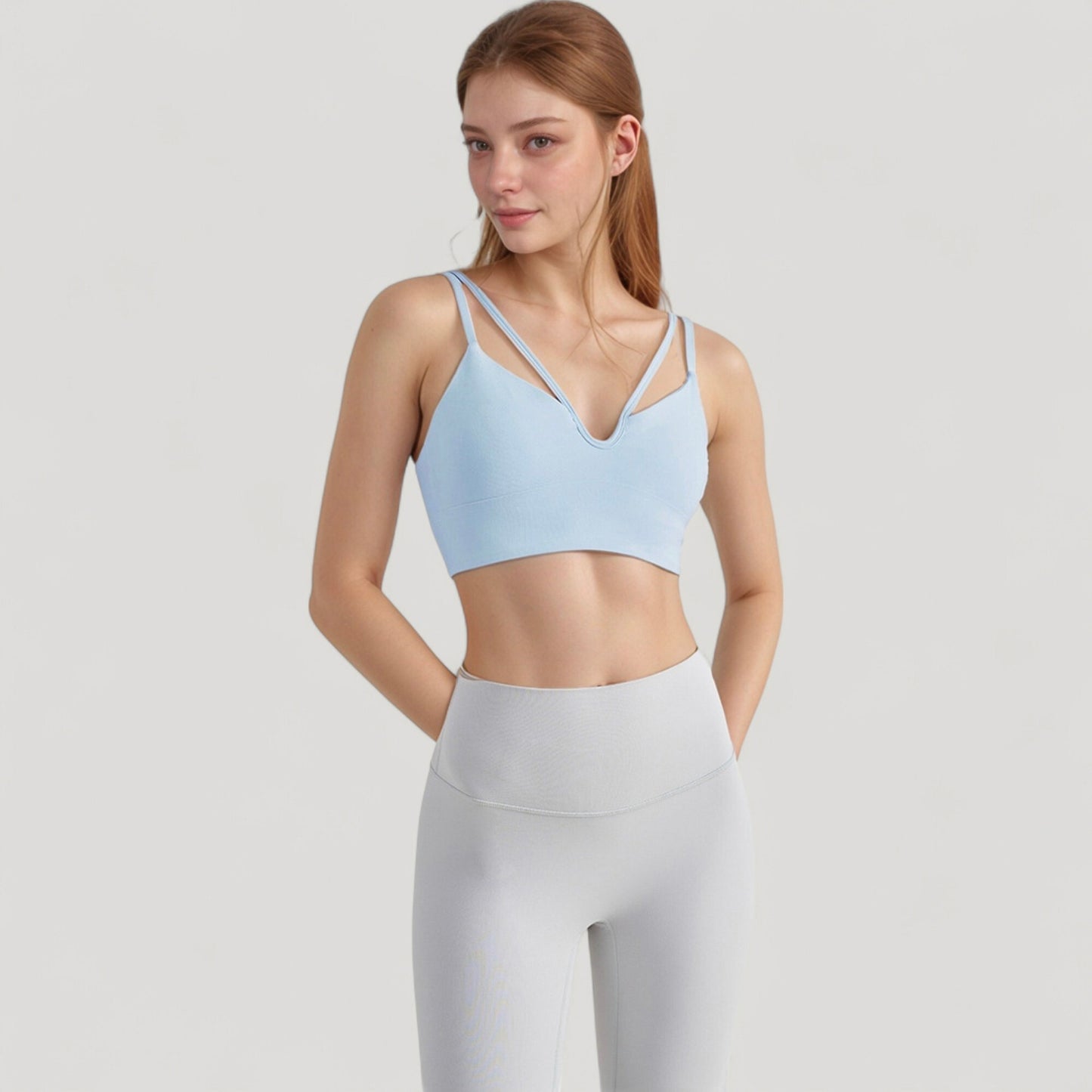 V-Neck Double Strap Sports Bra Top with Lightweight Stretch Fabric and Soft Support