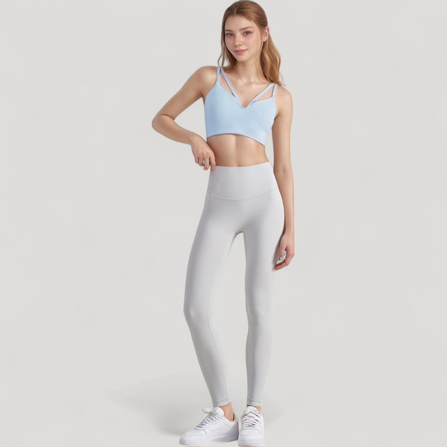 V-Neck Double Strap Sports Bra Top with Lightweight Stretch Fabric and Soft Support