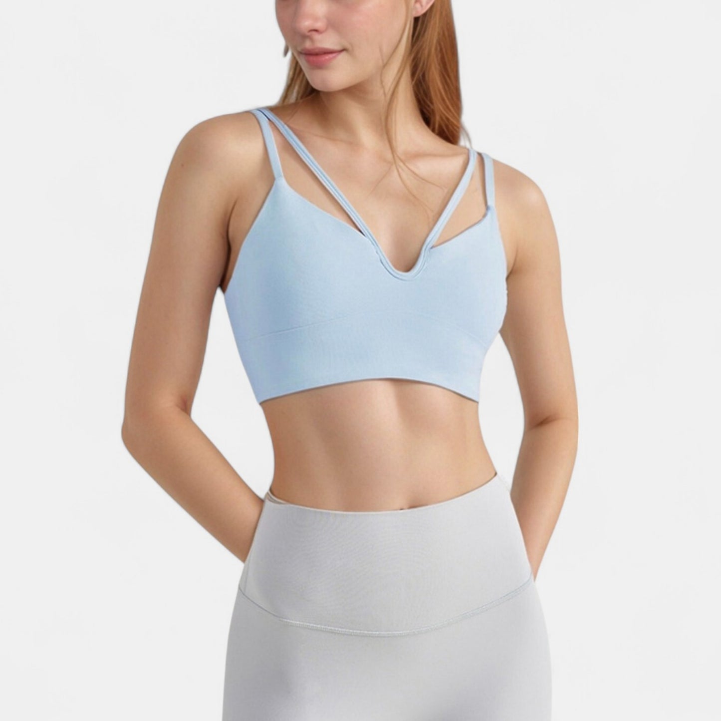 V-Neck Double Strap Sports Bra Top with Lightweight Stretch Fabric and Soft Support