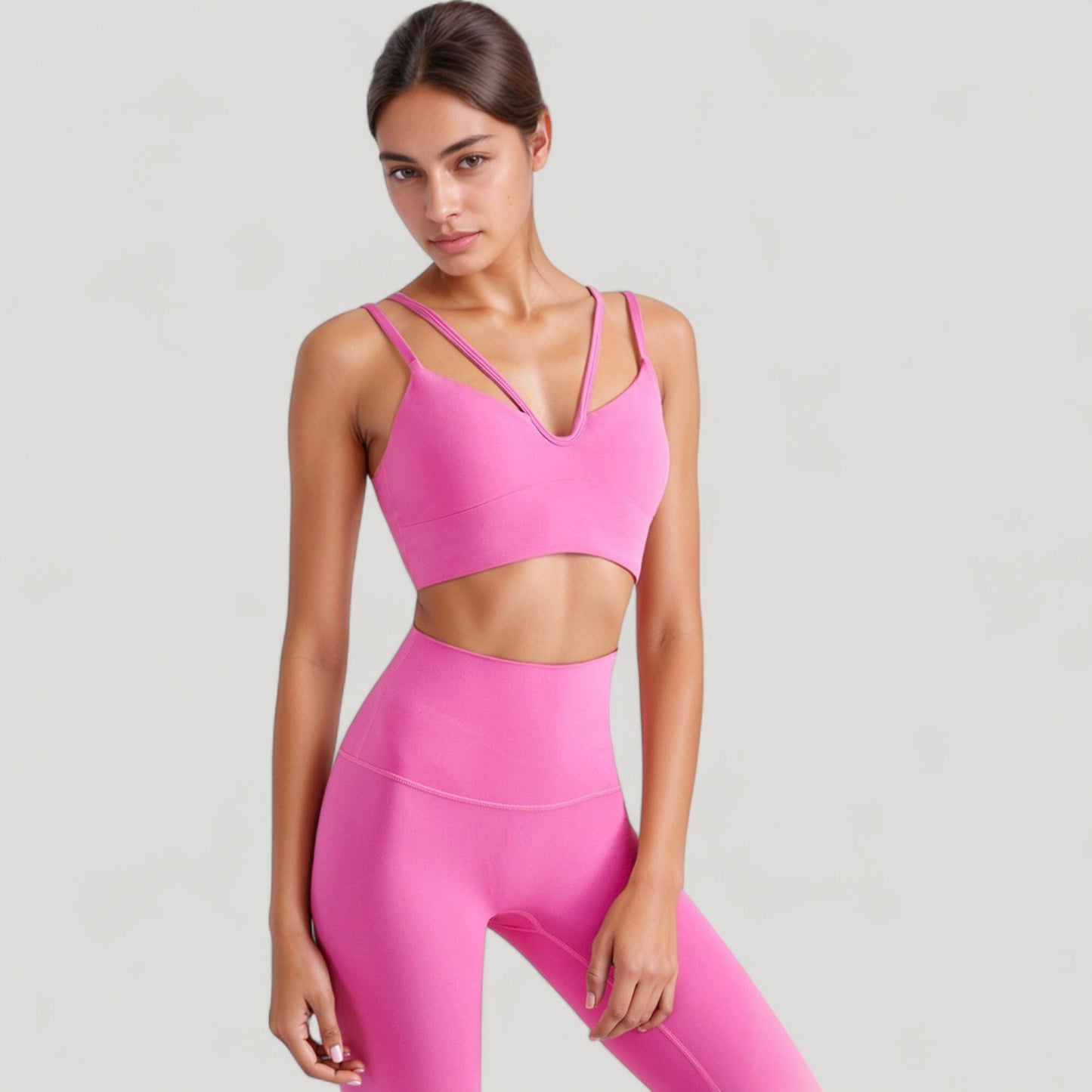 V-Neck Double Strap Sports Bra Top with Lightweight Stretch Fabric and Soft Support