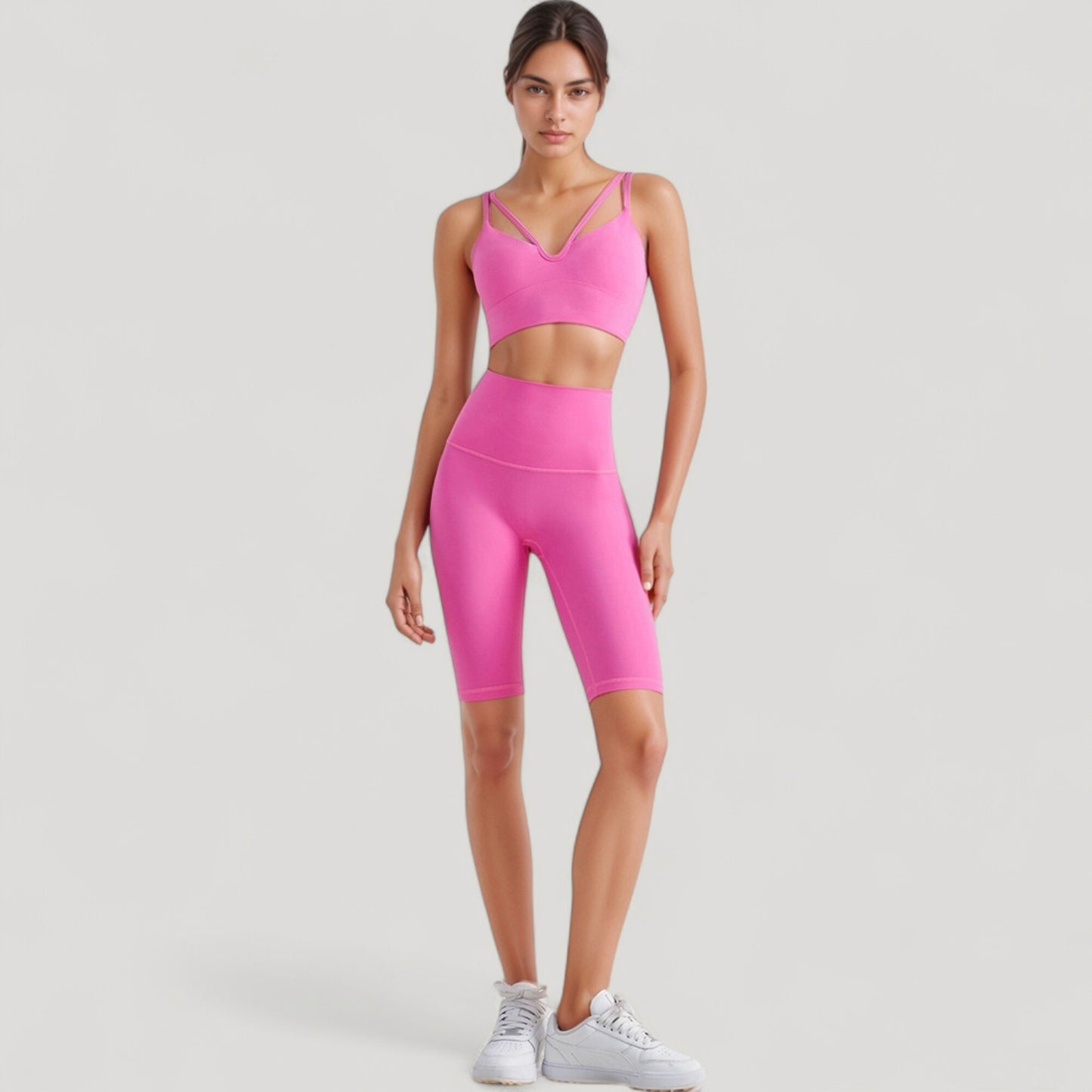 V-Neck Double Strap Sports Bra Top with Lightweight Stretch Fabric and Soft Support