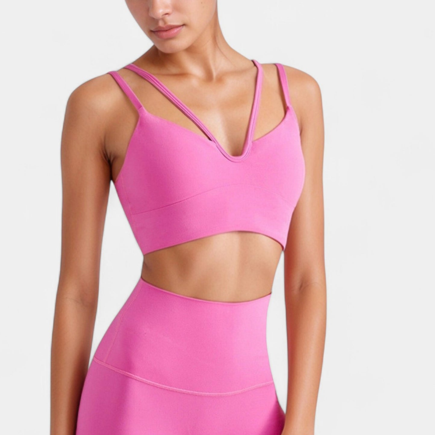 V-Neck Double Strap Sports Bra Top with Lightweight Stretch Fabric and Soft Support