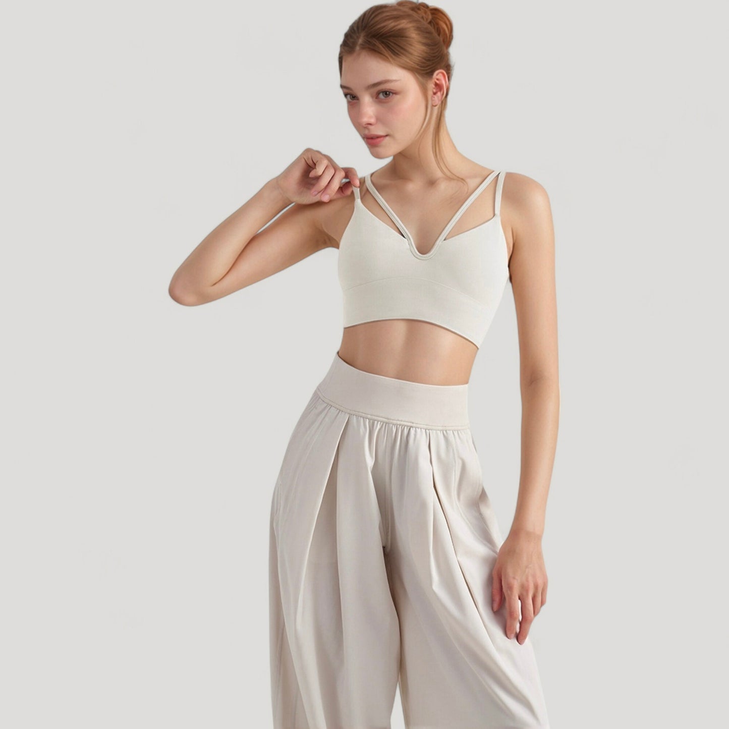 V-Neck Double Strap Sports Bra Top with Lightweight Stretch Fabric and Soft Support