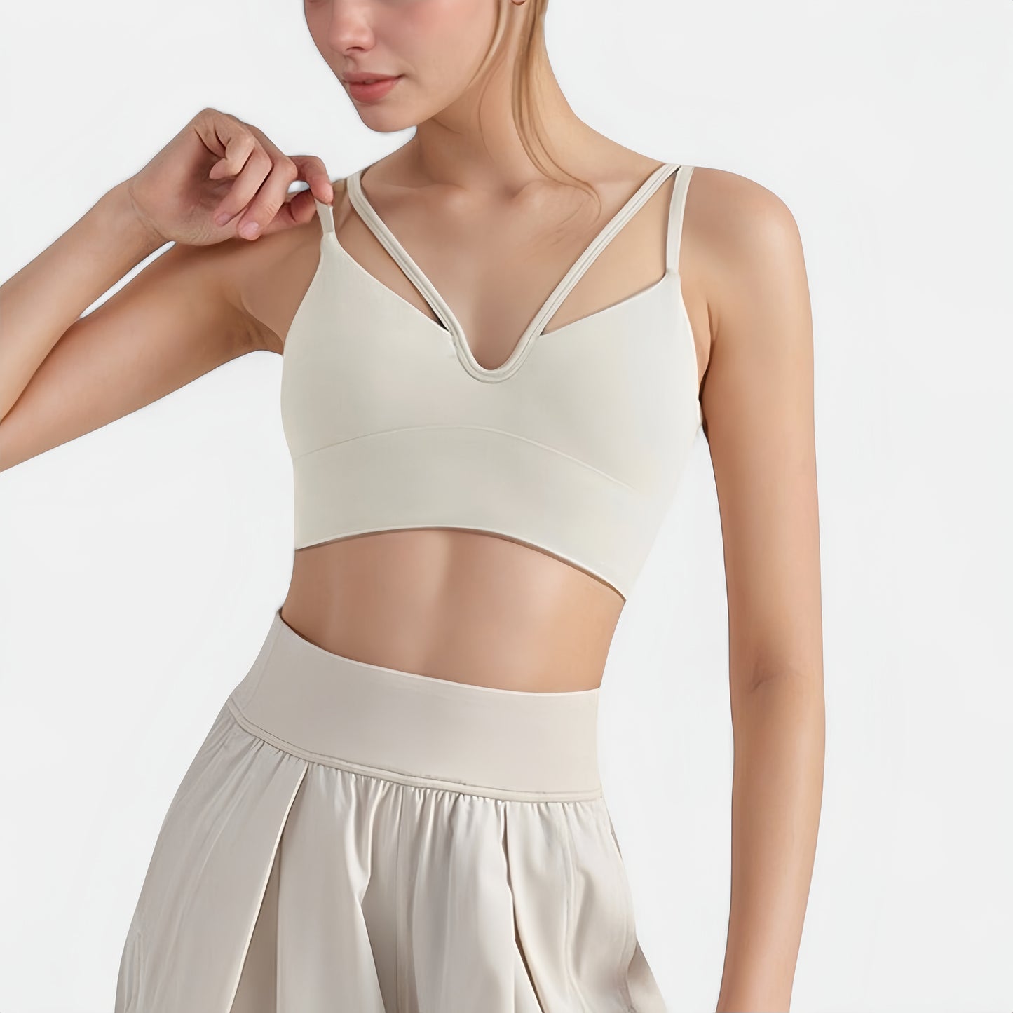 V-Neck Double Strap Sports Bra Top with Lightweight Stretch Fabric and Soft Support