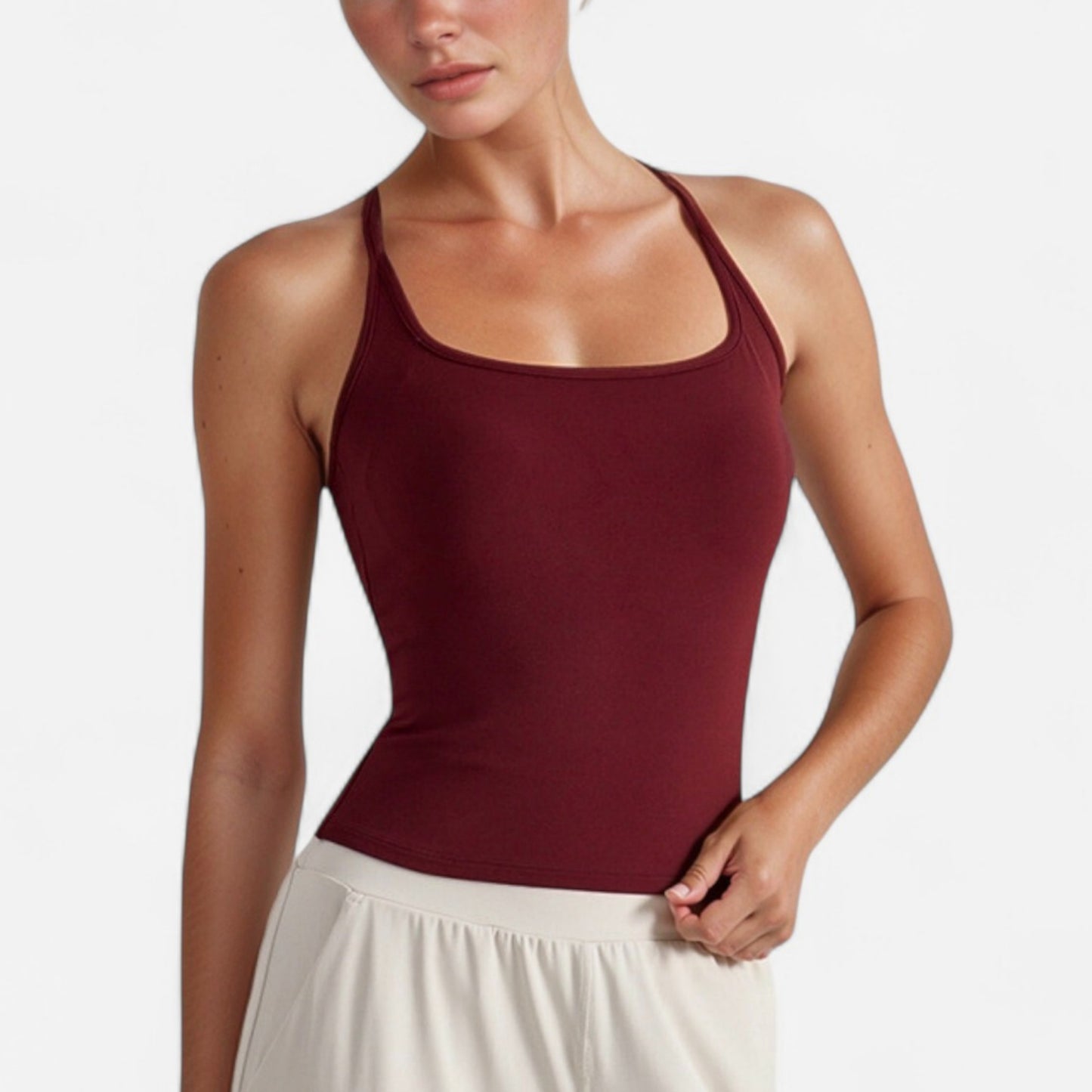 Fitted Square Neck Tank Top with Built-In Bra and Racerback Design for Active and Casual Comfort
