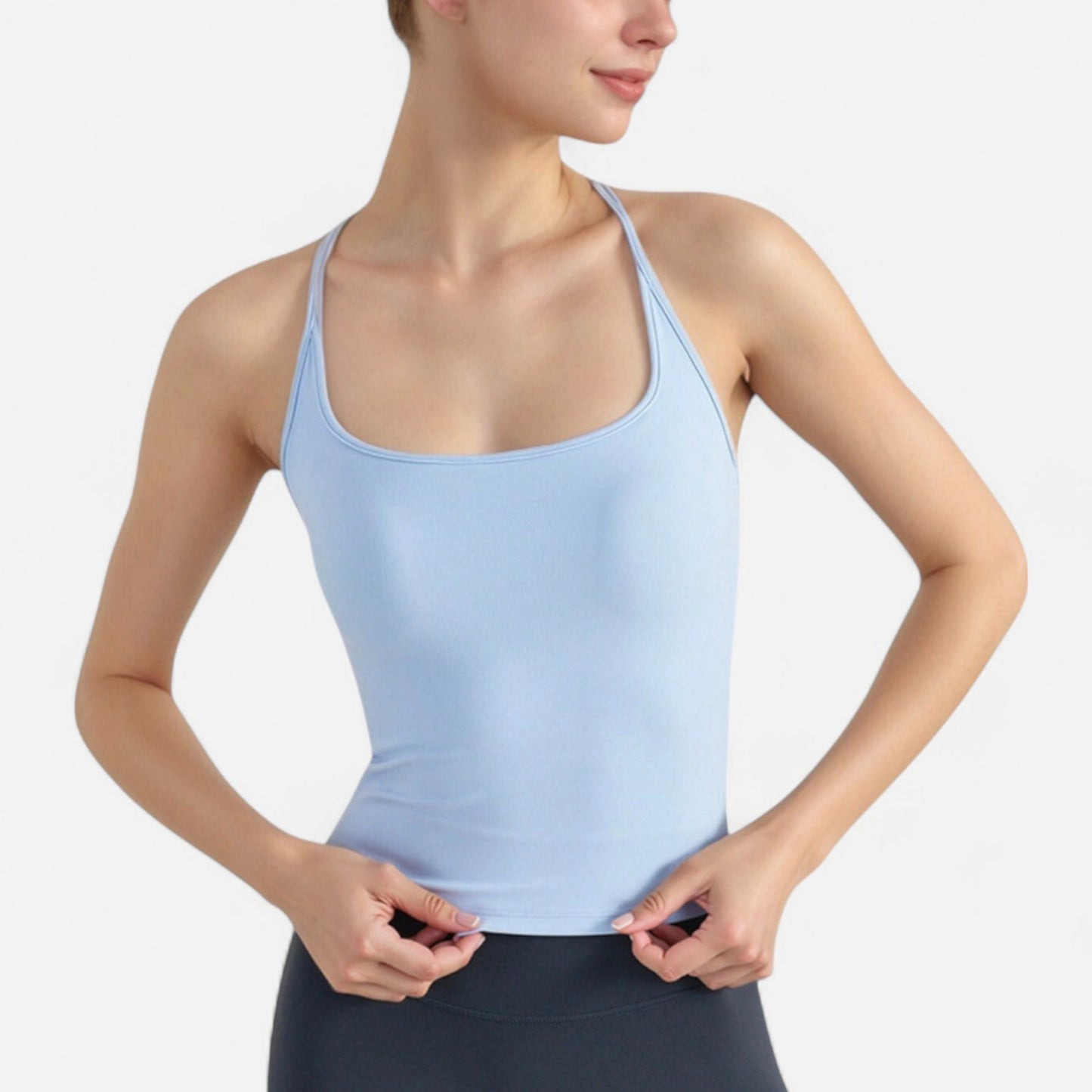 Fitted Square Neck Tank Top with Built-In Bra and Racerback Design for Active and Casual Comfort