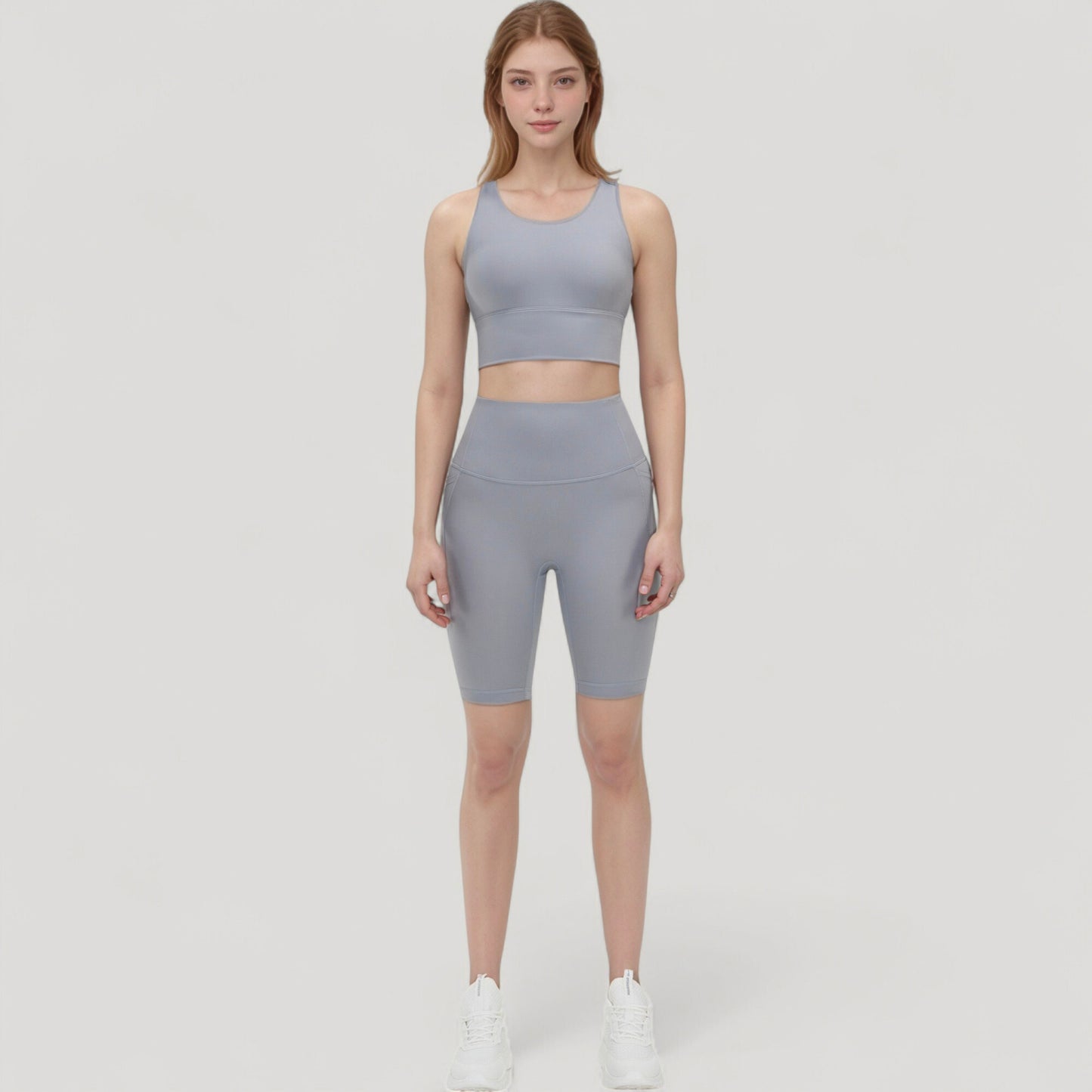 Scoop Neck Longline Sports Bra with Wide Shoulder Straps and Deep V-Back Design