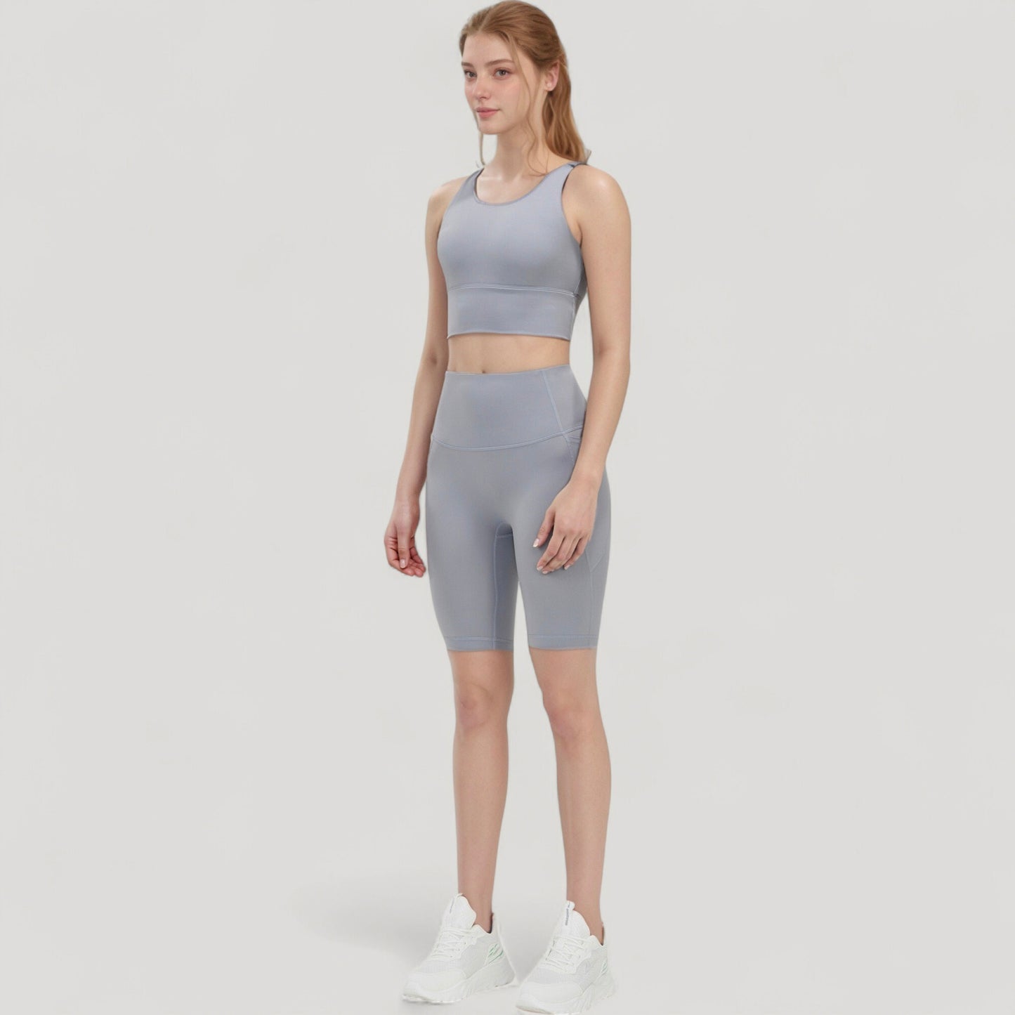 Scoop Neck Longline Sports Bra with Wide Shoulder Straps and Deep V-Back Design