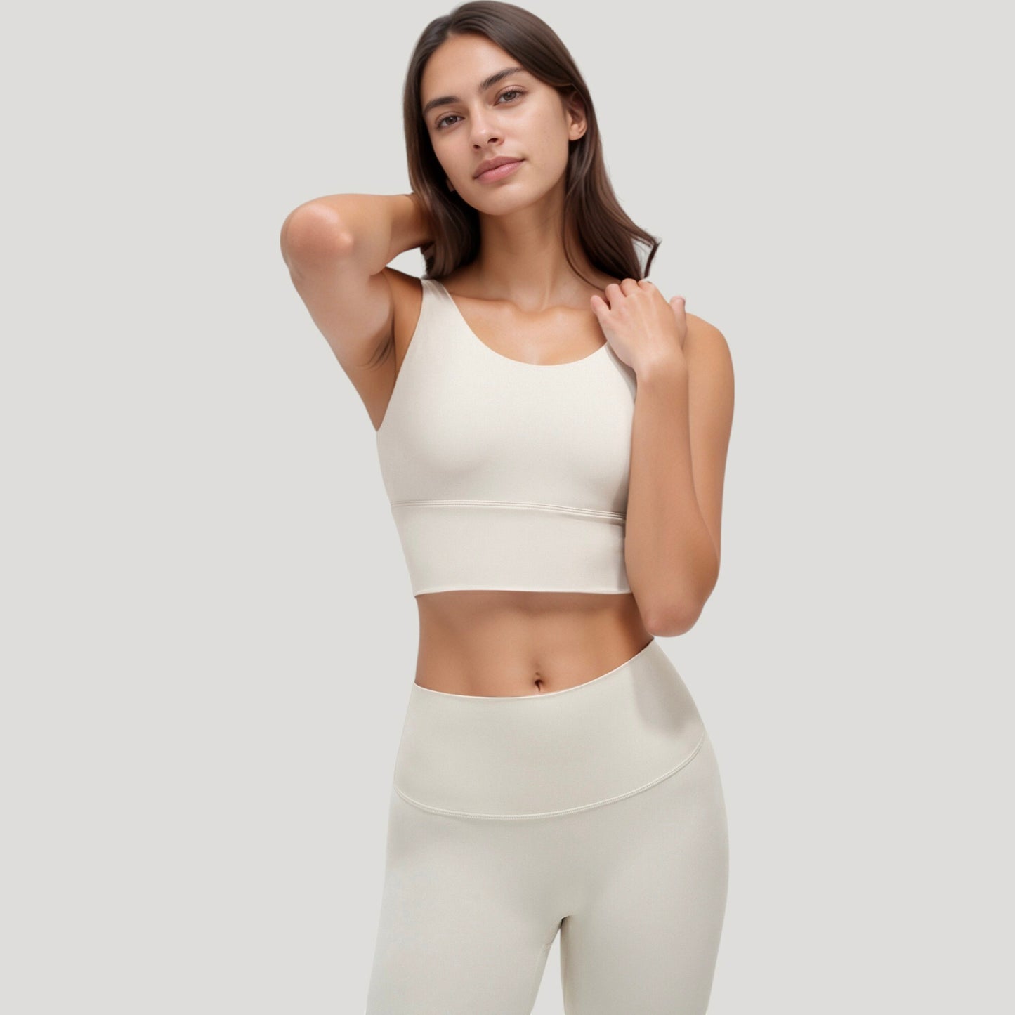 Scoop Neck Longline Sports Bra with Wide Shoulder Straps and Deep V-Back Design