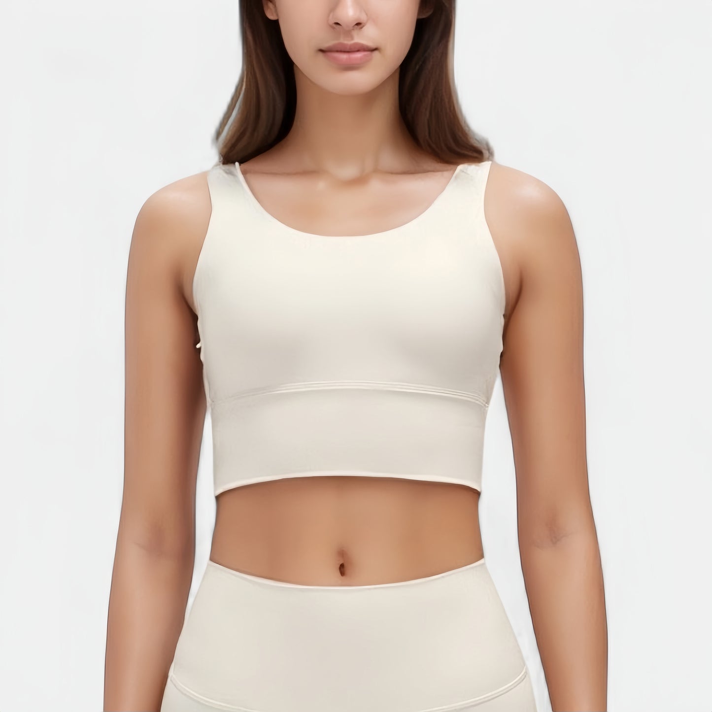 Scoop Neck Longline Sports Bra with Wide Shoulder Straps and Deep V-Back Design