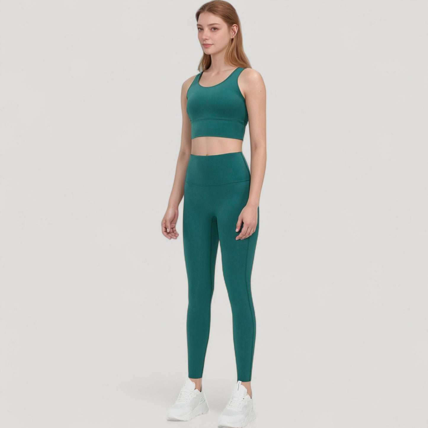 Scoop Neck Longline Sports Bra with Wide Shoulder Straps and Deep V-Back Design