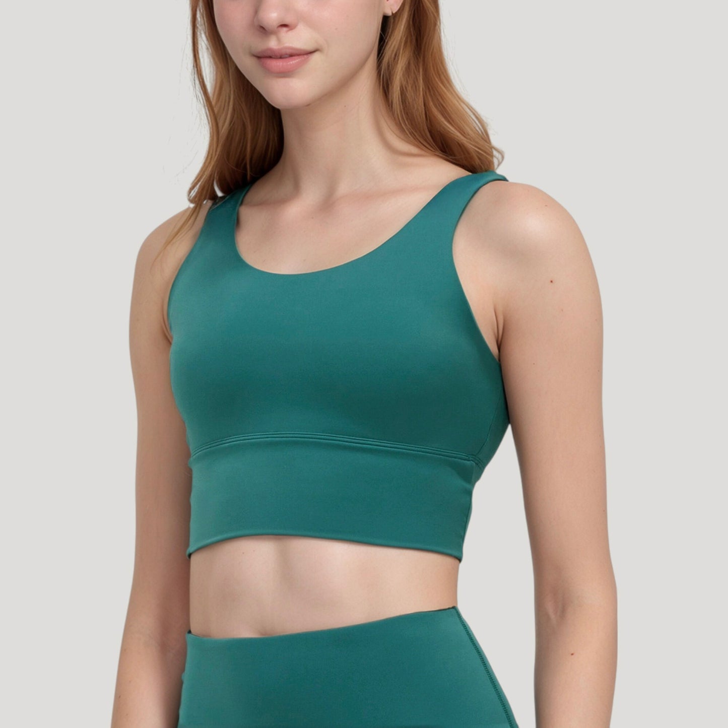 Scoop Neck Longline Sports Bra with Wide Shoulder Straps and Deep V-Back Design