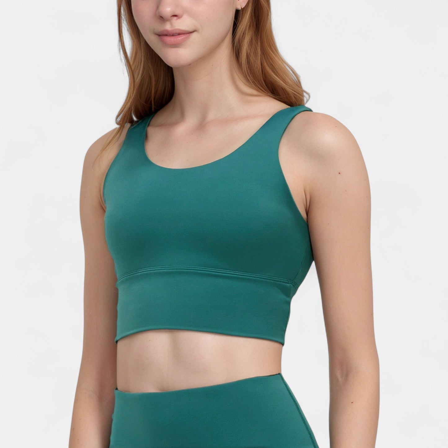 Scoop Neck Longline Sports Bra with Wide Shoulder Straps and Deep V-Back Design