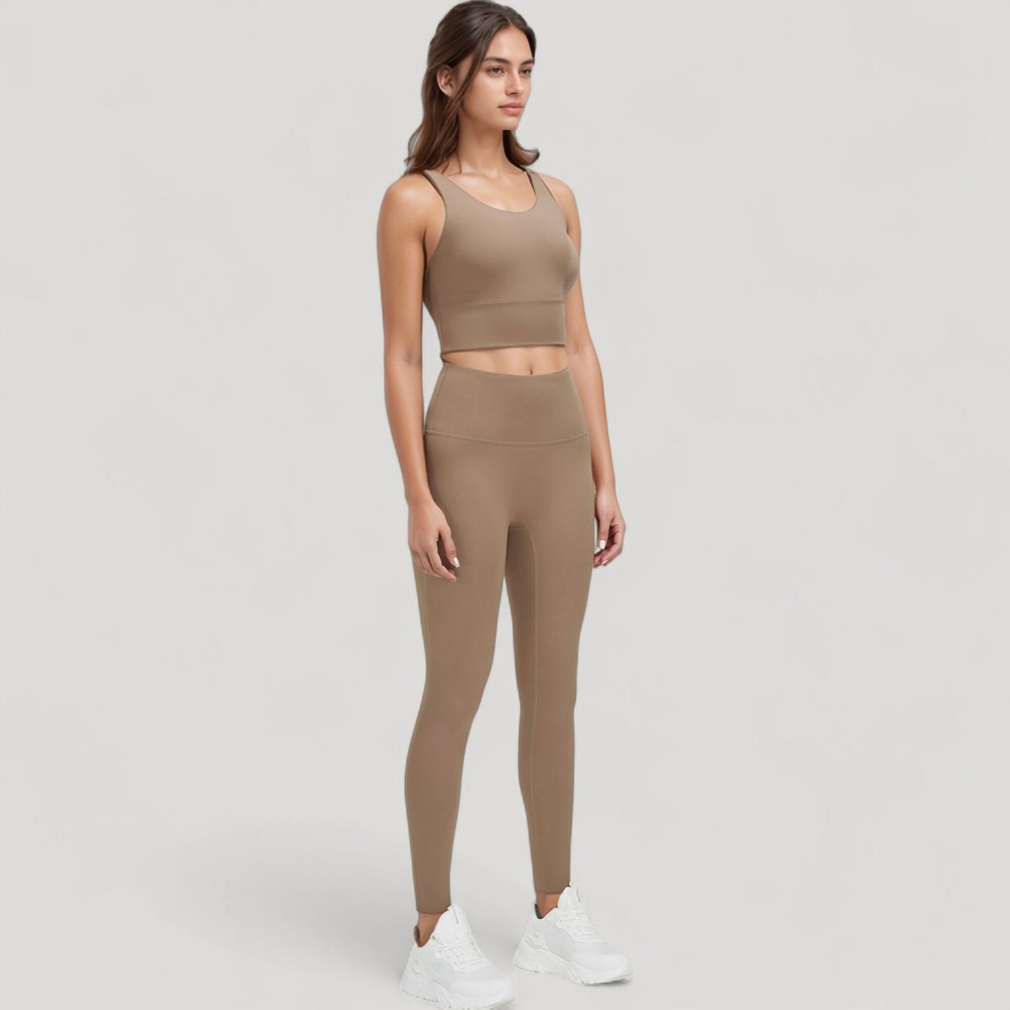 Scoop Neck Longline Sports Bra with Wide Shoulder Straps and Deep V-Back Design