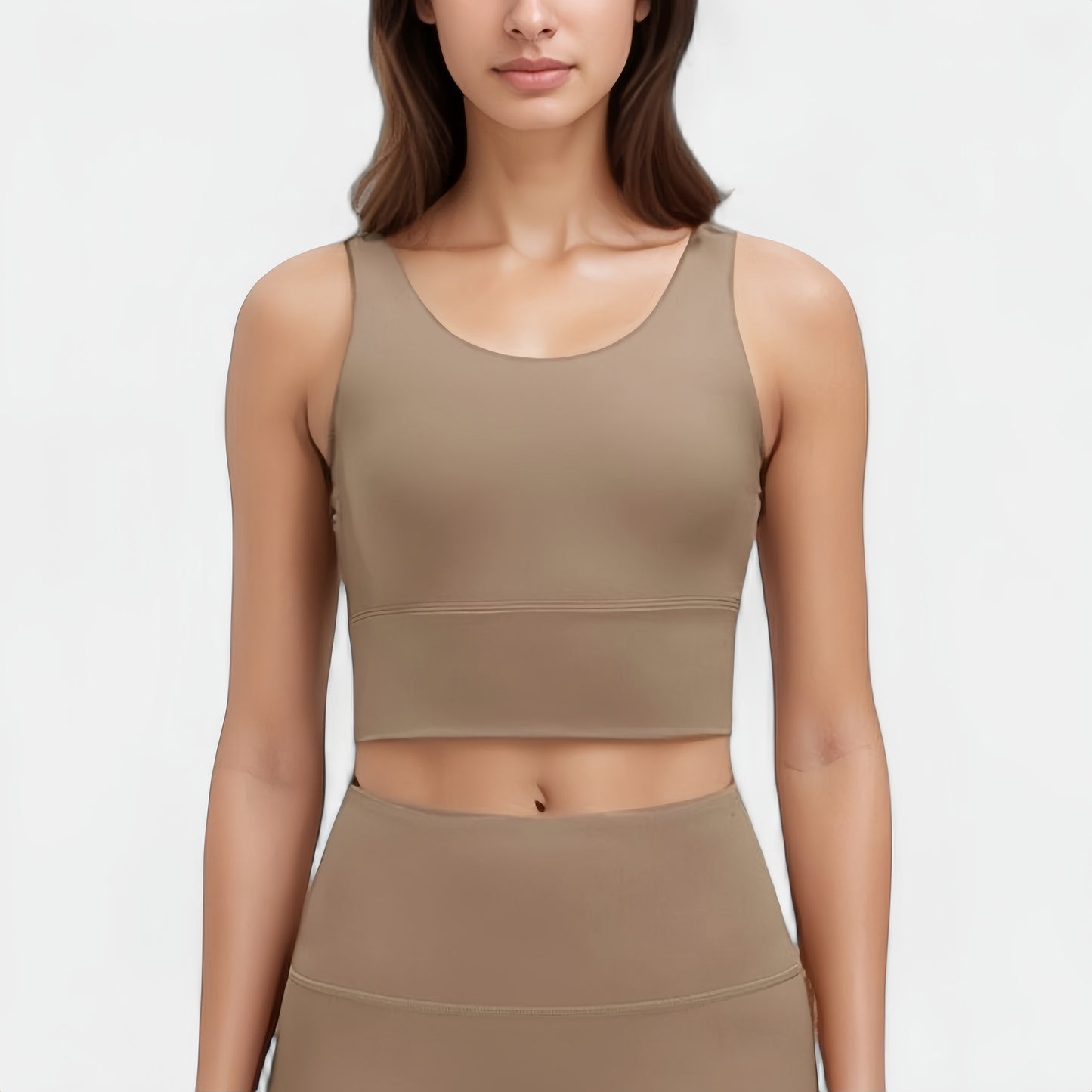 Scoop Neck Longline Sports Bra with Wide Shoulder Straps and Deep V-Back Design