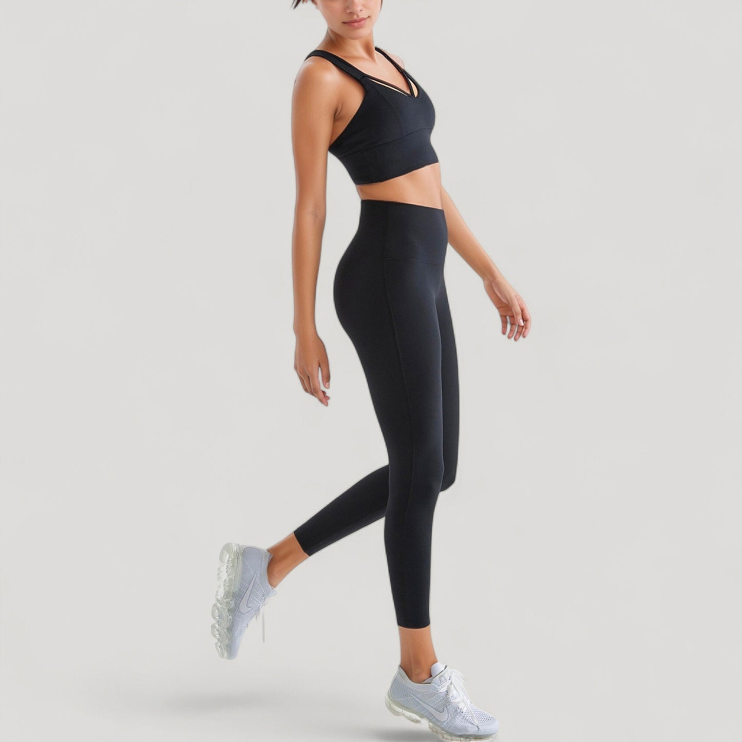 Strappy V Neck Sports Bra Top with Wide Shoulder Bands and Soft Stretch Fabric