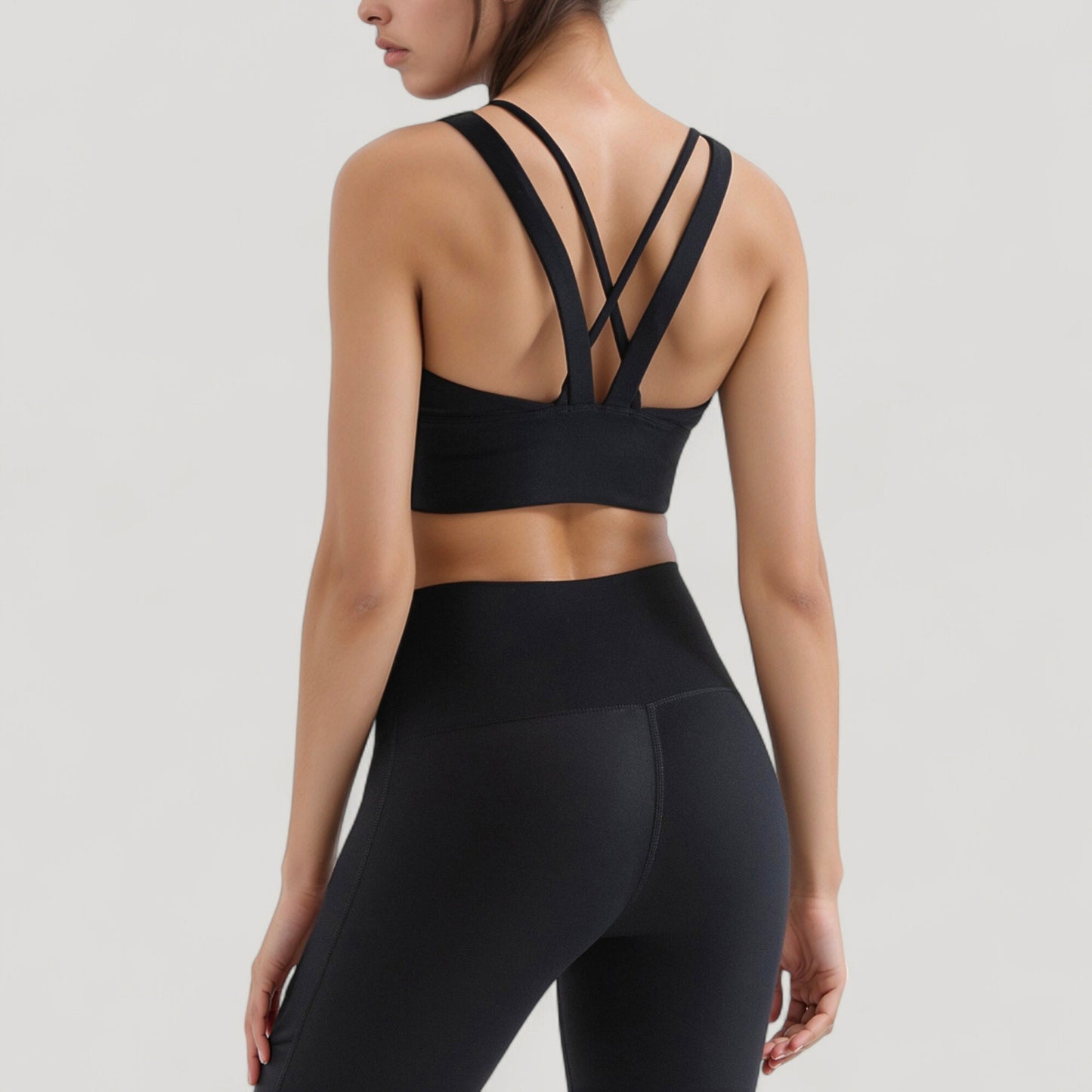 Strappy V Neck Sports Bra Top with Wide Shoulder Bands and Soft Stretch Fabric