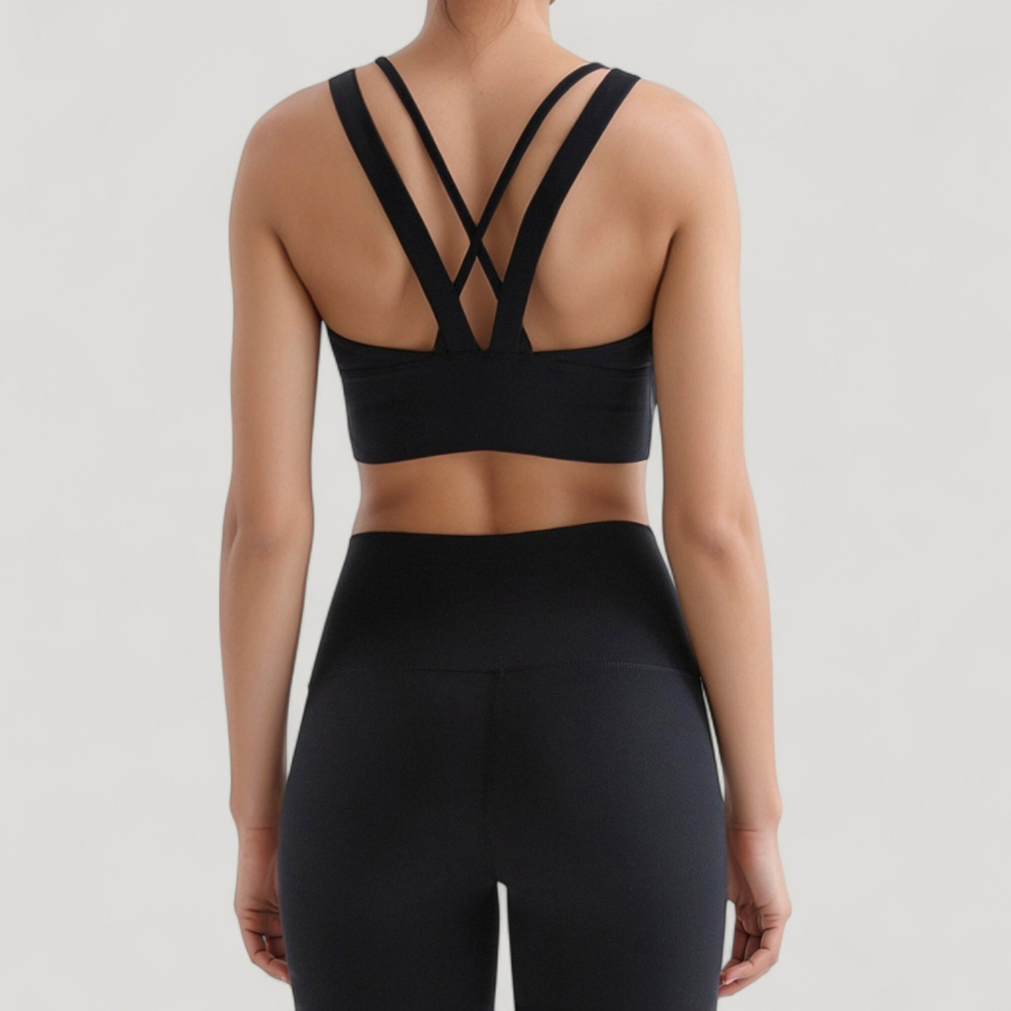 Strappy V Neck Sports Bra Top with Wide Shoulder Bands and Soft Stretch Fabric