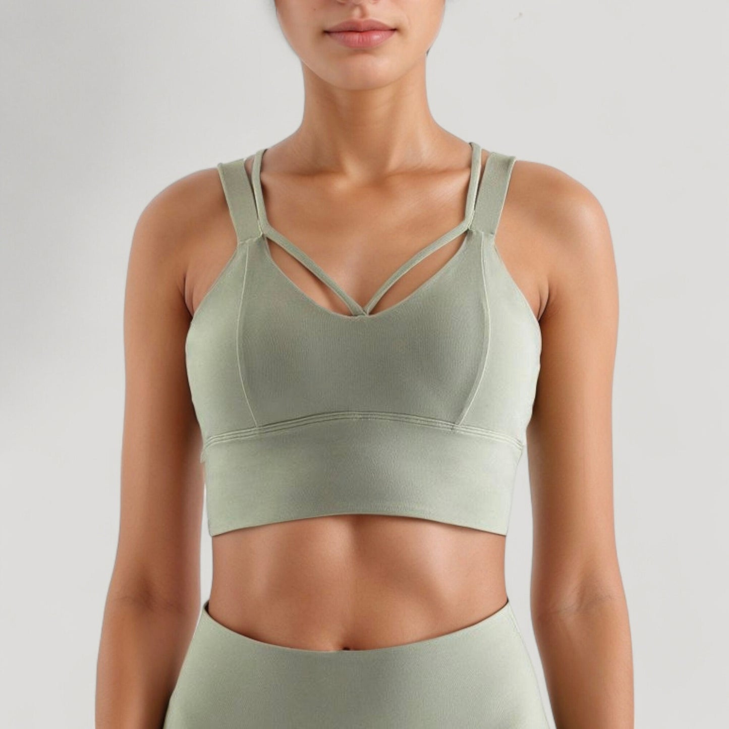 Strappy V Neck Sports Bra Top with Wide Shoulder Bands and Soft Stretch Fabric