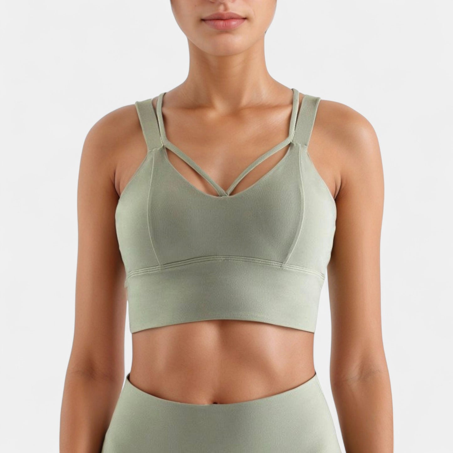 Strappy V Neck Sports Bra Top with Wide Shoulder Bands and Soft Stretch Fabric