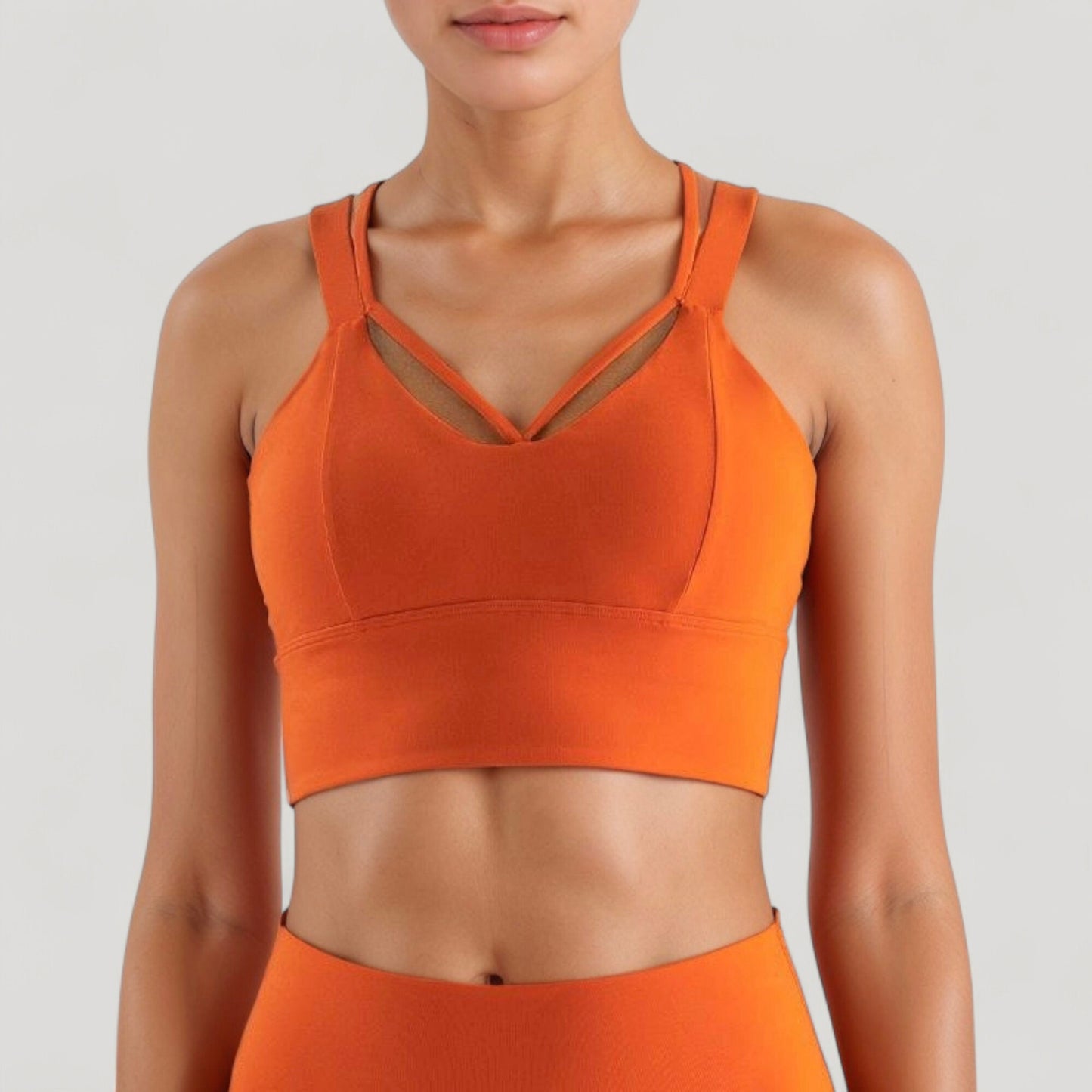 Strappy V Neck Sports Bra Top with Wide Shoulder Bands and Soft Stretch Fabric
