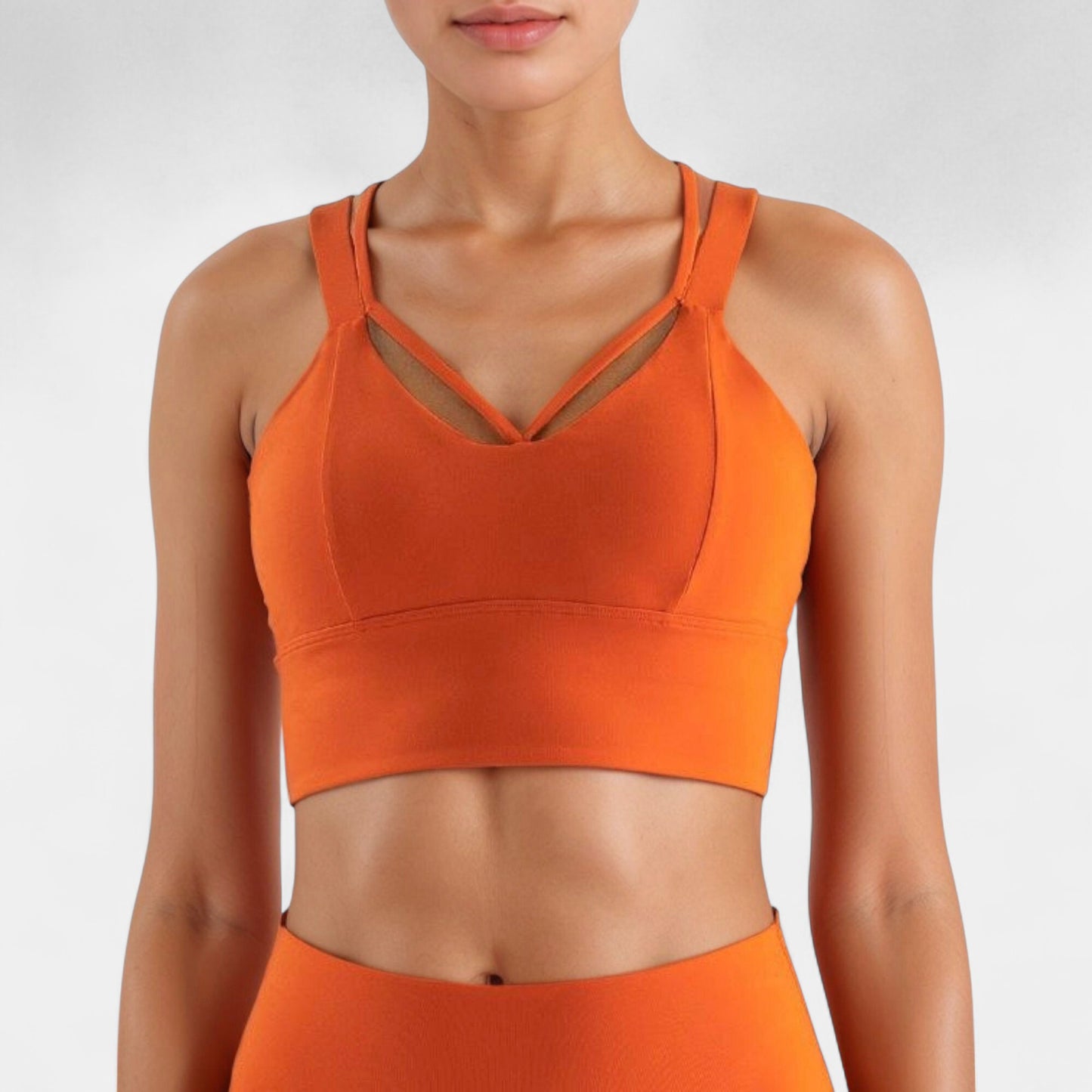 Strappy V Neck Sports Bra Top with Wide Shoulder Bands and Soft Stretch Fabric