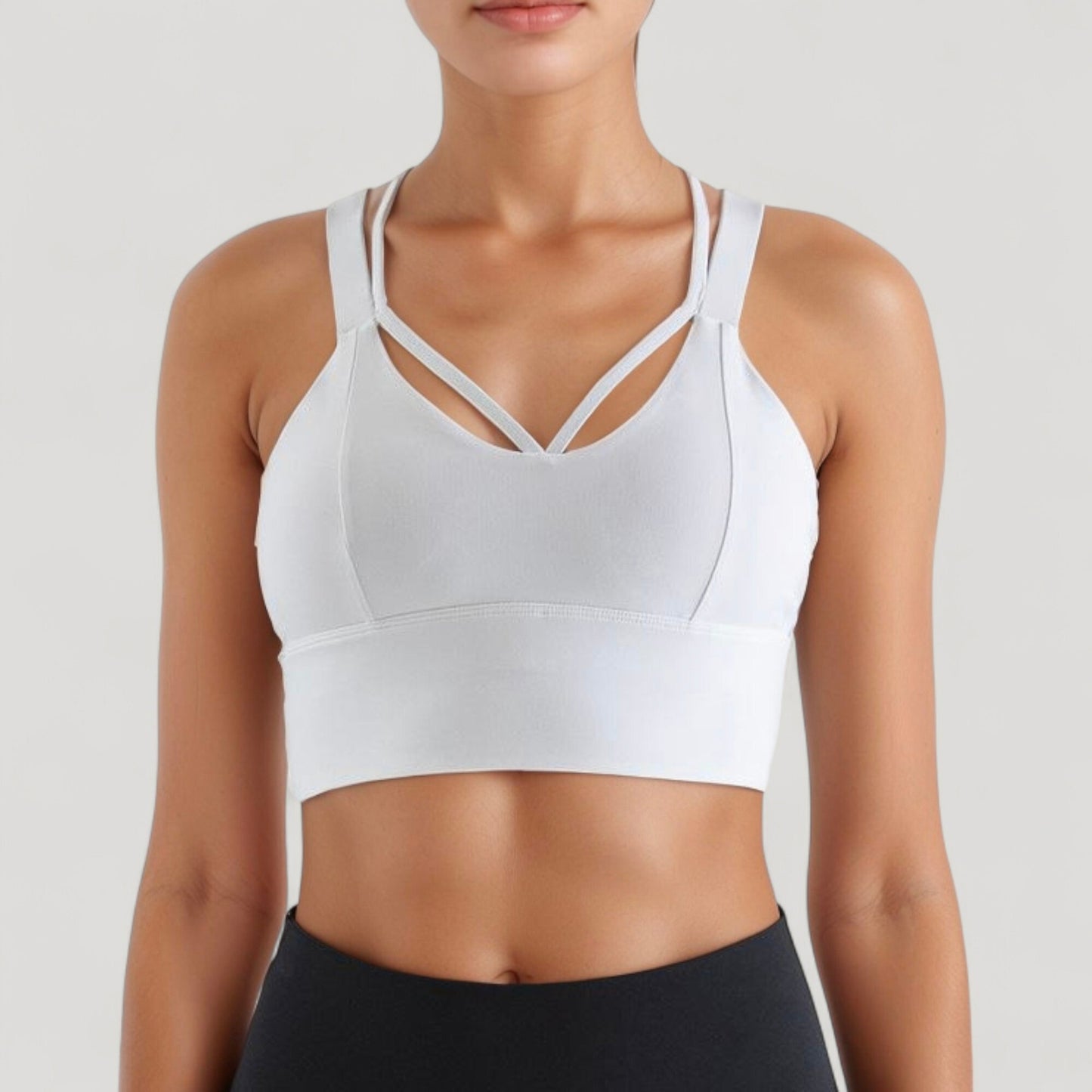 Strappy V Neck Sports Bra Top with Wide Shoulder Bands and Soft Stretch Fabric