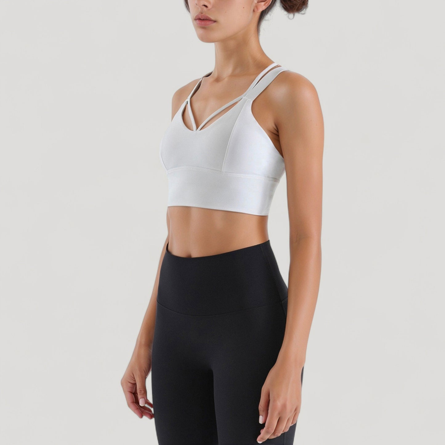 Strappy V Neck Sports Bra Top with Wide Shoulder Bands and Soft Stretch Fabric