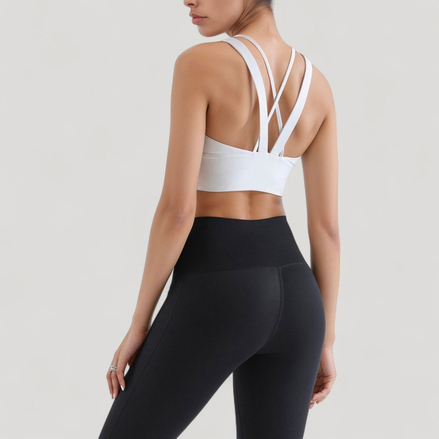 Strappy V Neck Sports Bra Top with Wide Shoulder Bands and Soft Stretch Fabric