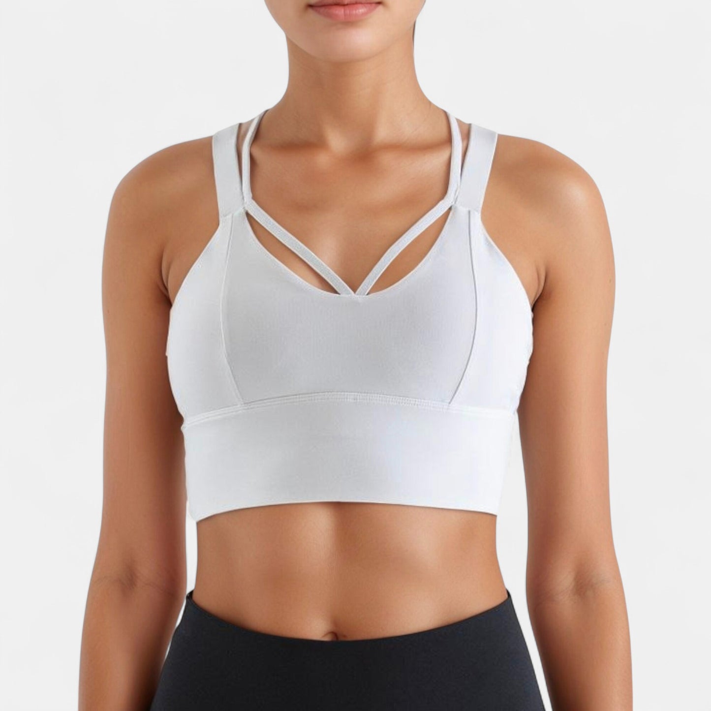 Strappy V Neck Sports Bra Top with Wide Shoulder Bands and Soft Stretch Fabric