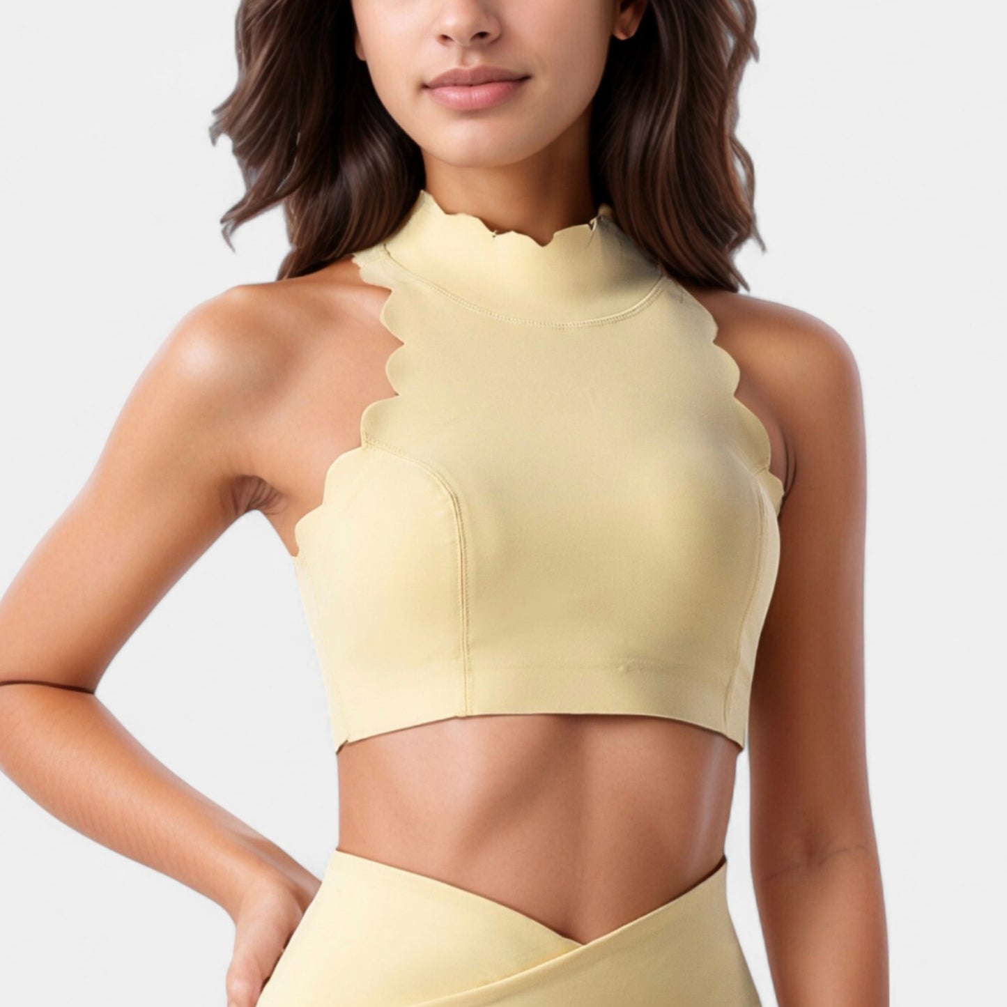 High Neck Scallop Edge Sports Bra with Sleeveless Cut and Stylish Back Detailing for Light Activity