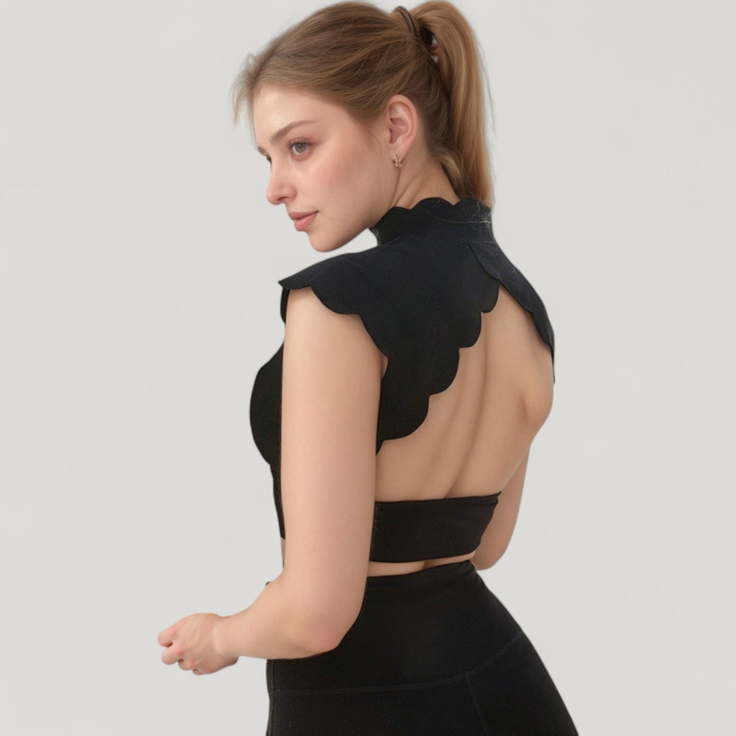 Scallop Edge High Neck Cropped Top with Cap Sleeves and Open Back Detail