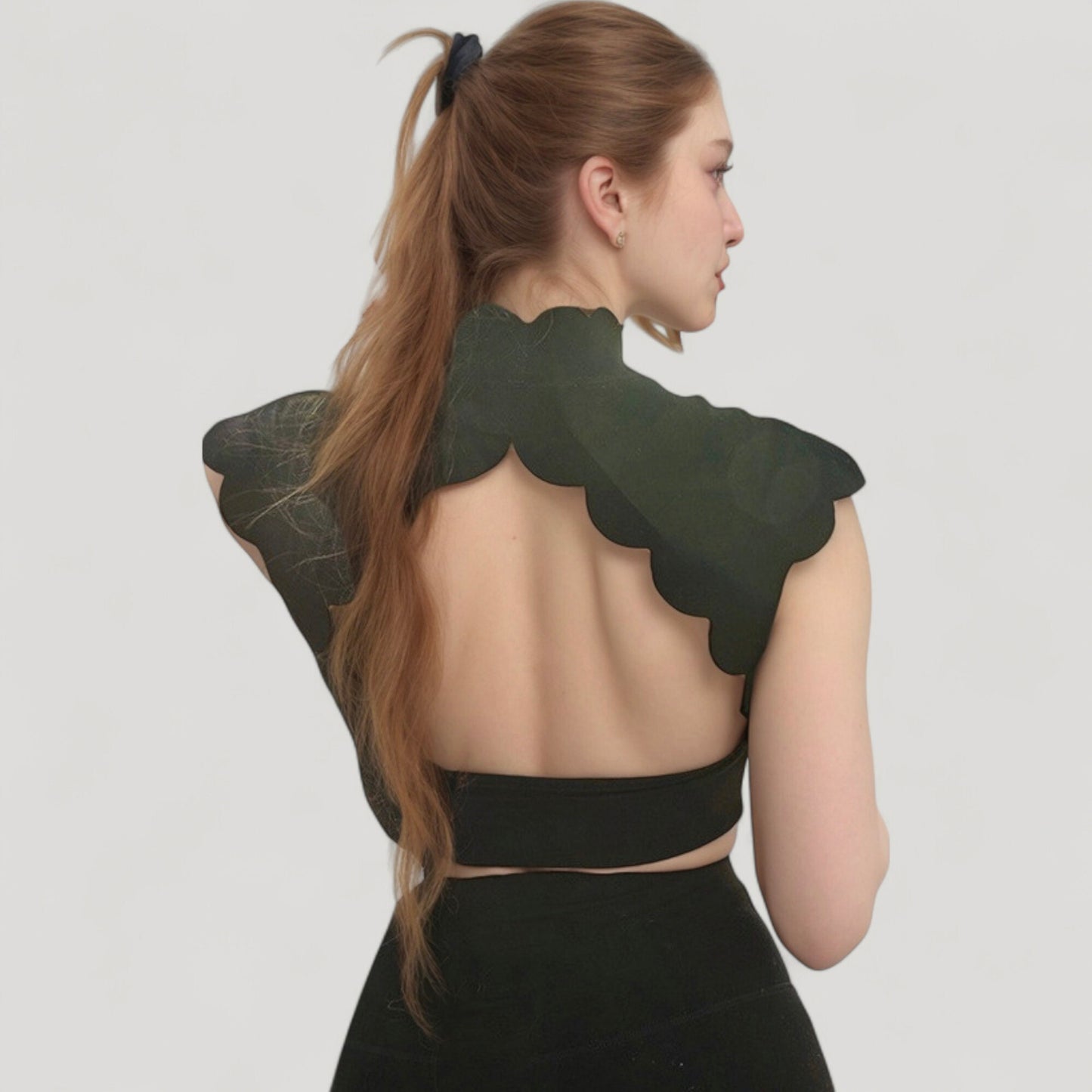 Scallop Edge High Neck Cropped Top with Cap Sleeves and Open Back Detail