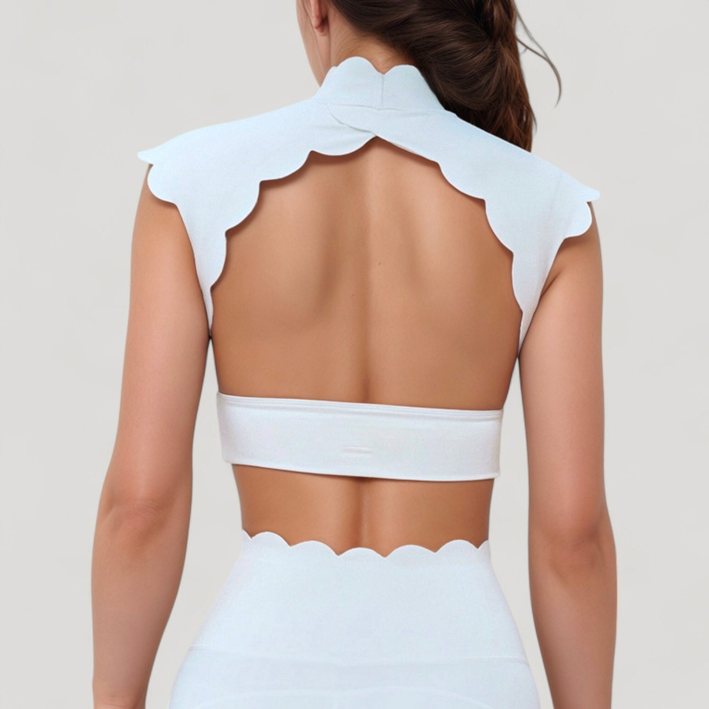 Scallop Edge High Neck Cropped Top with Cap Sleeves and Open Back Detail