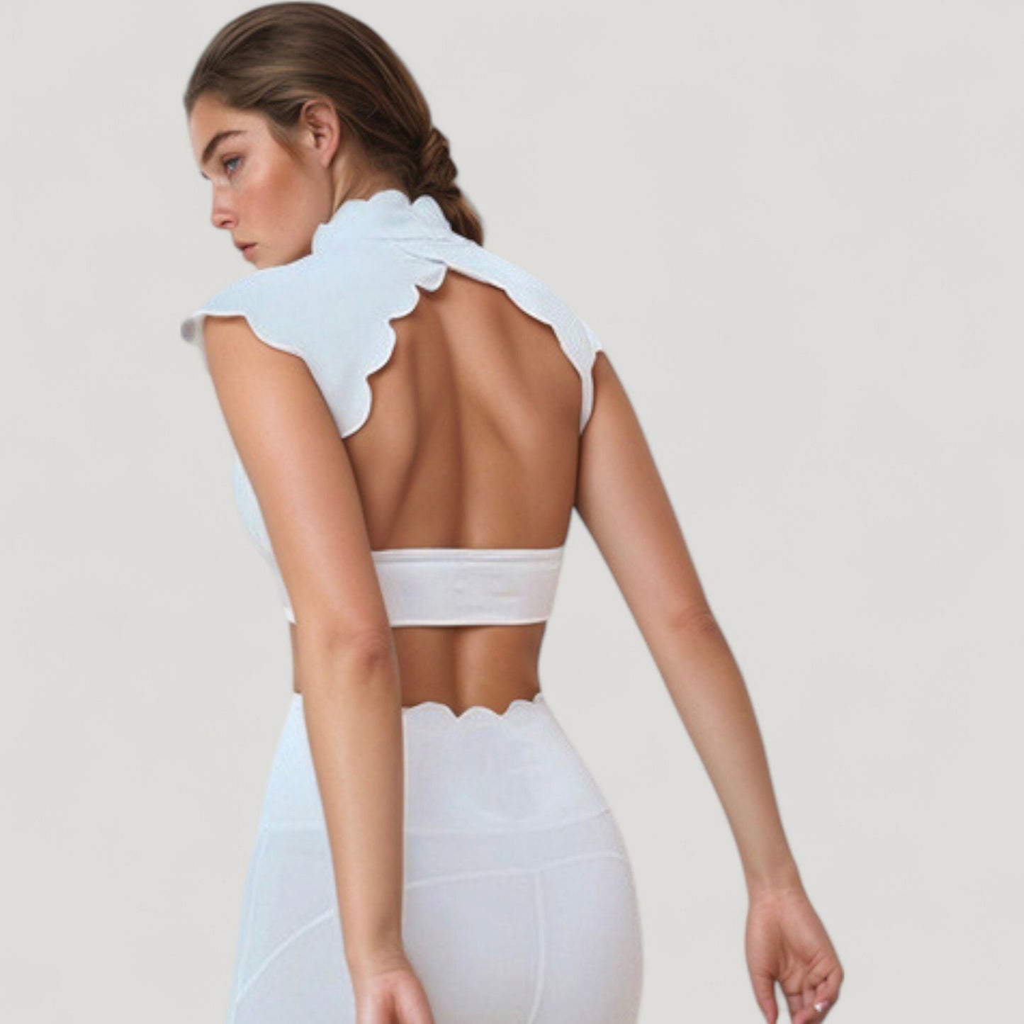 Scallop Edge High Neck Cropped Top with Cap Sleeves and Open Back Detail
