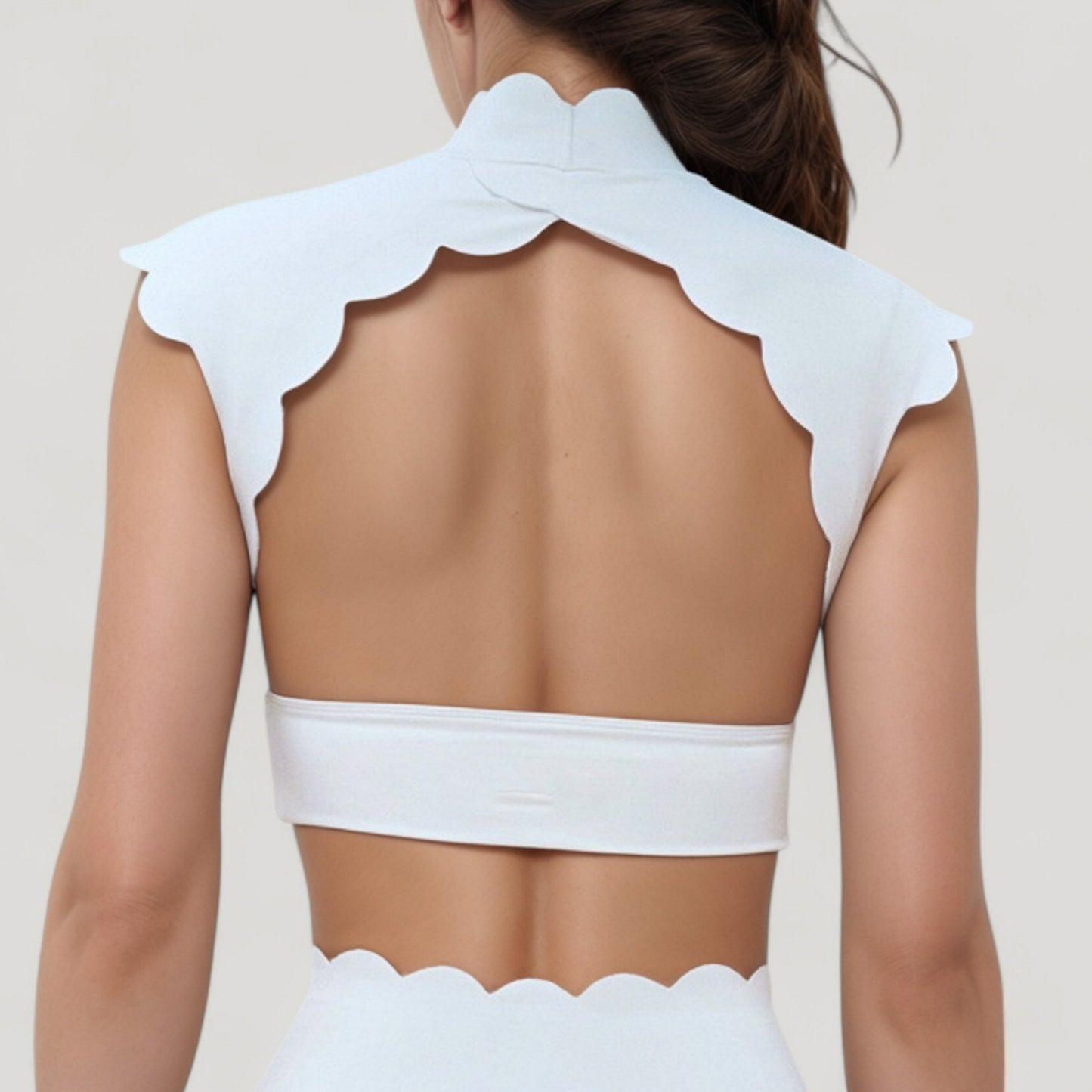 Scallop Edge High Neck Cropped Top with Cap Sleeves and Open Back Detail