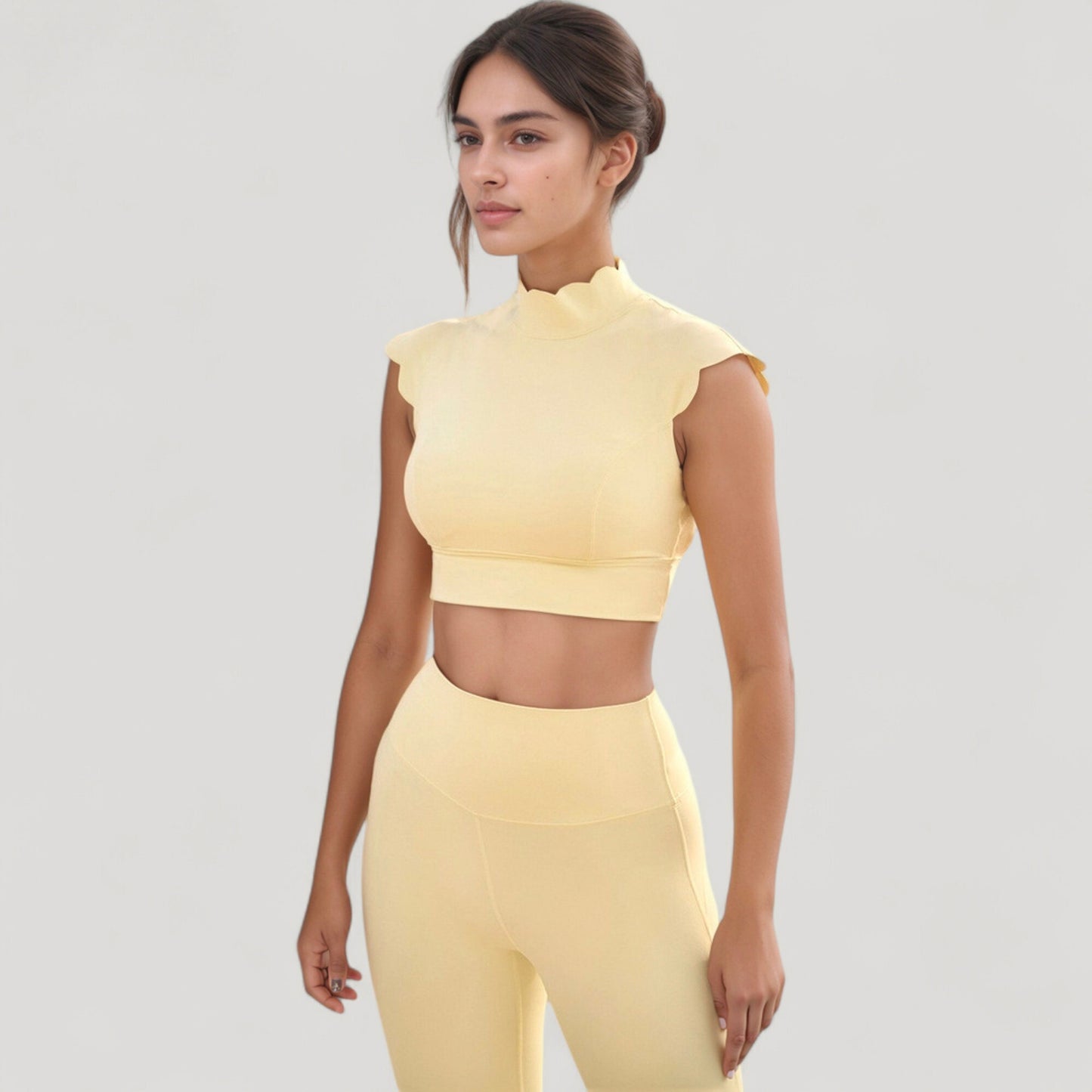 Scallop Edge High Neck Cropped Top with Cap Sleeves and Open Back Detail