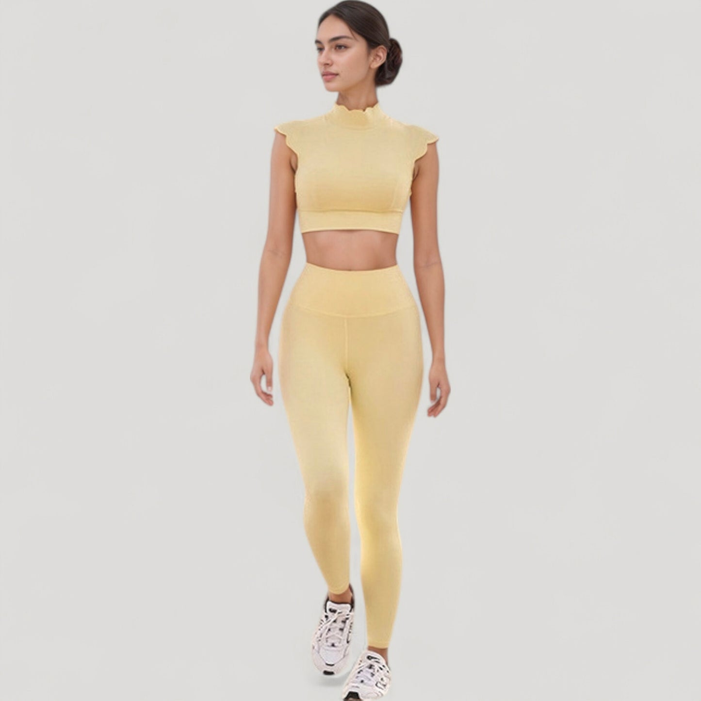 Scallop Edge High Neck Cropped Top with Cap Sleeves and Open Back Detail