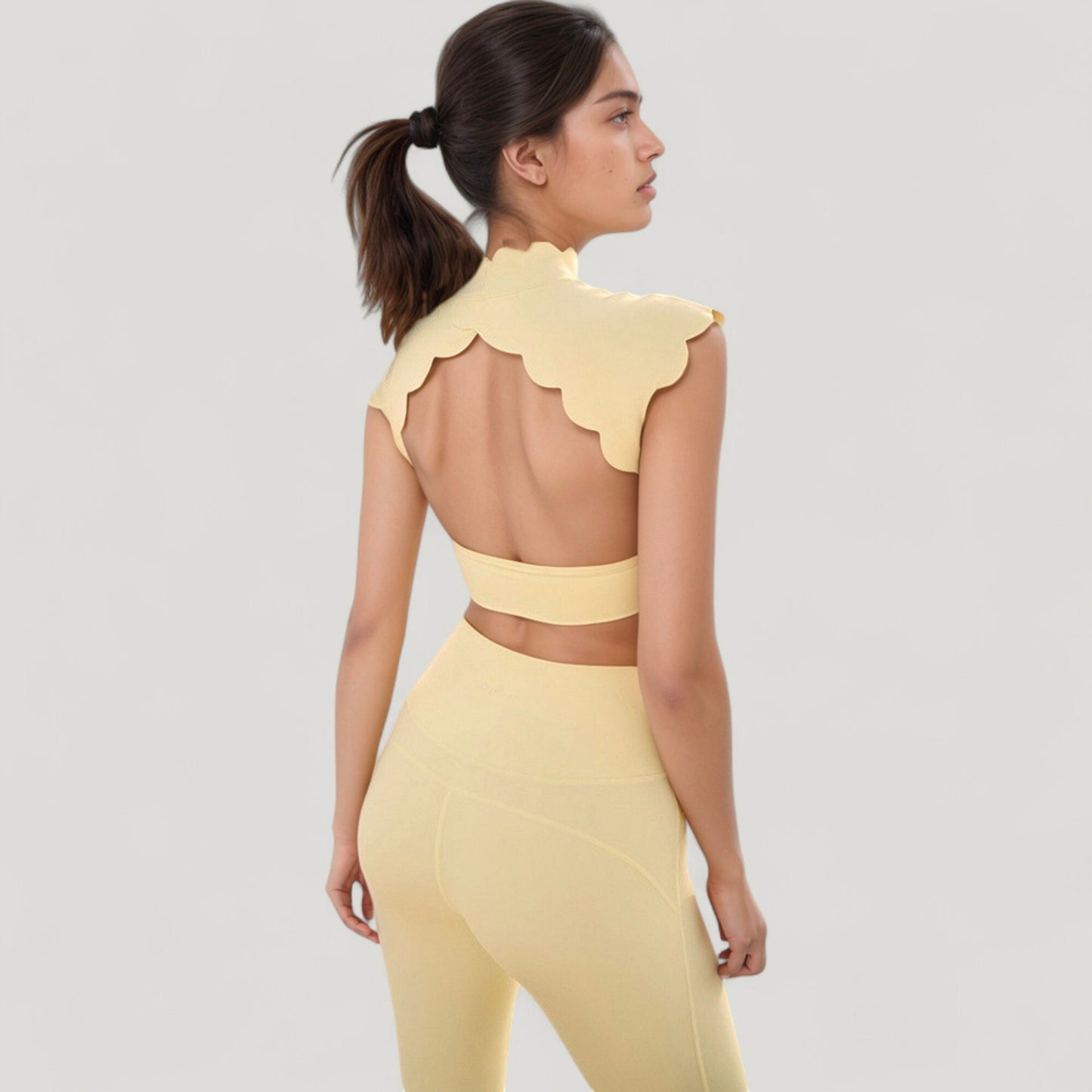 Scallop Edge High Neck Cropped Top with Cap Sleeves and Open Back Detail