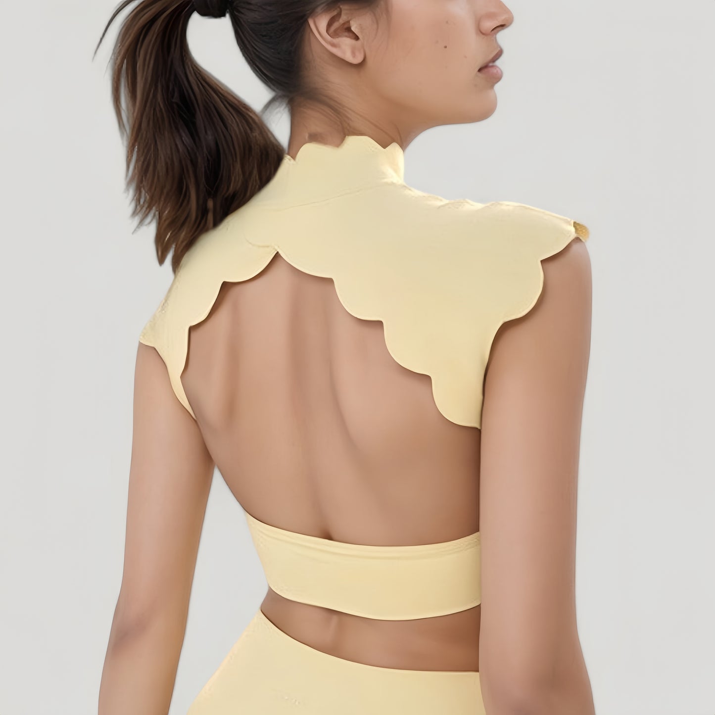 Scallop Edge High Neck Cropped Top with Cap Sleeves and Open Back Detail