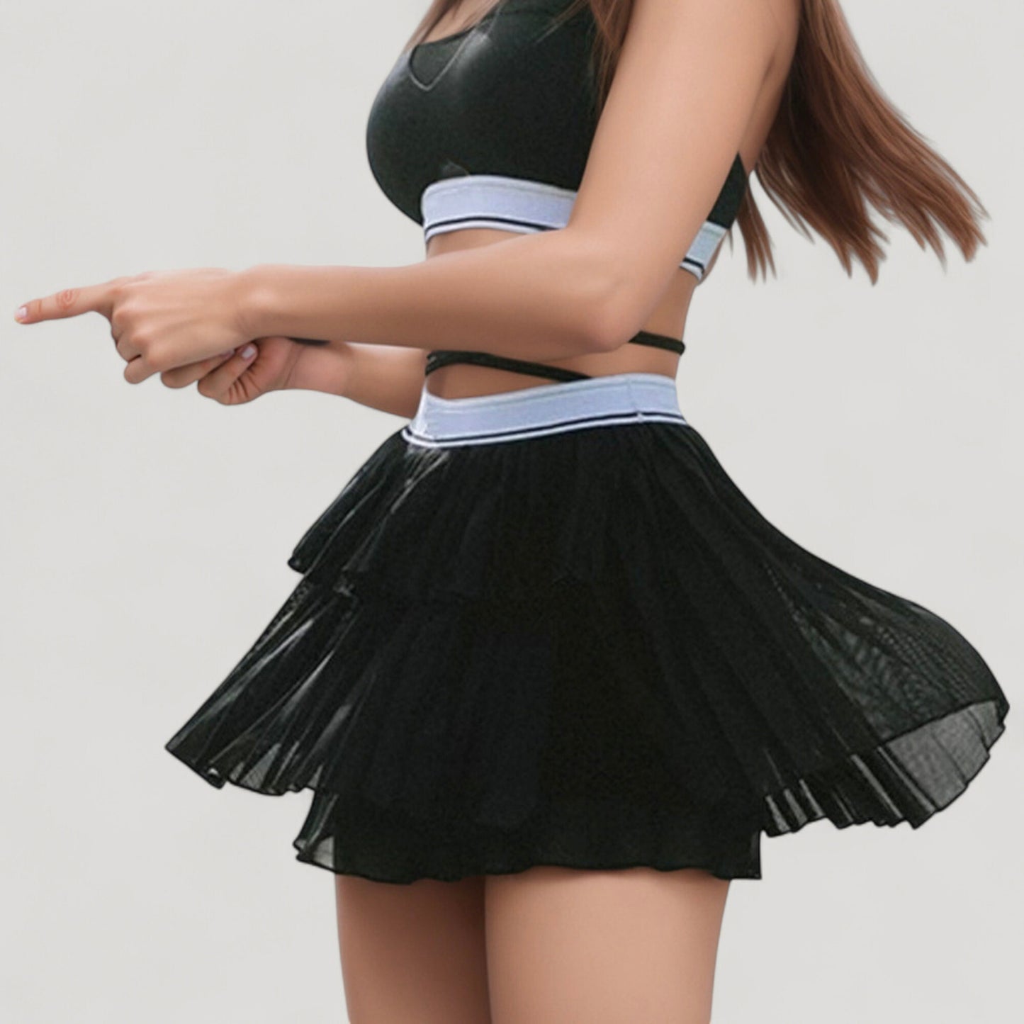 Athletic Pleated Mini Skirt with Double Layer Mesh Design and Contrast Waistband