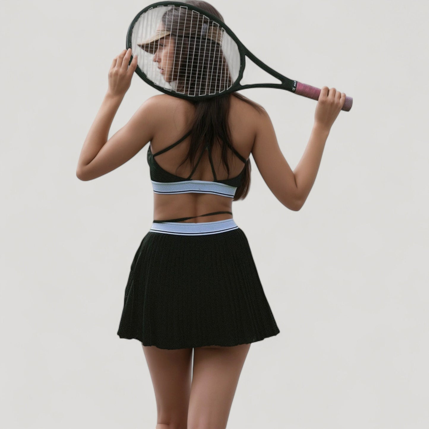 Athletic Pleated Mini Skirt with Double Layer Mesh Design and Contrast Waistband