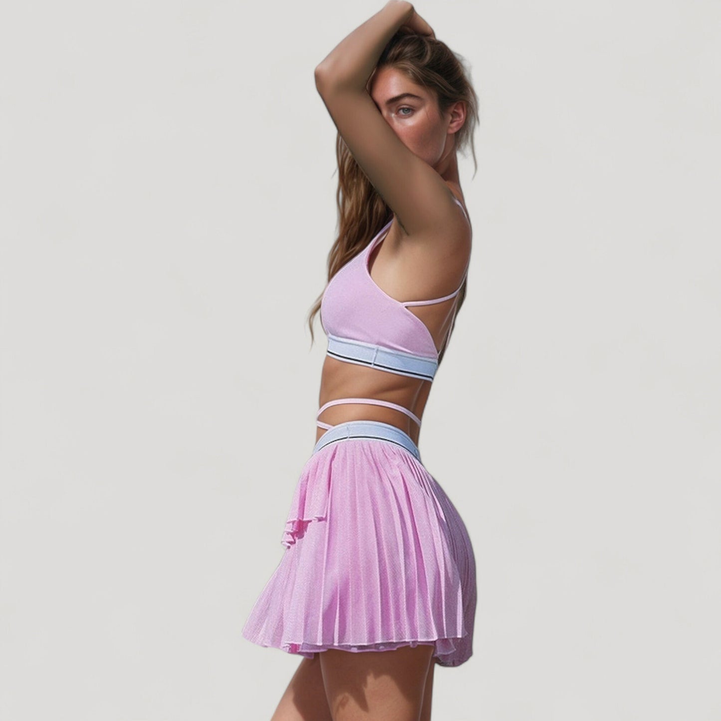 Athletic Pleated Mini Skirt with Double Layer Mesh Design and Contrast Waistband