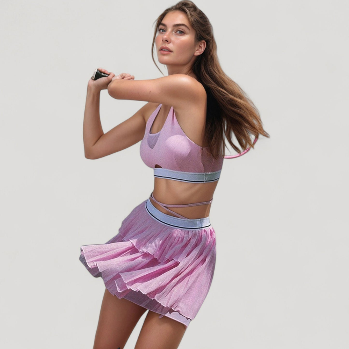 Athletic Pleated Mini Skirt with Double Layer Mesh Design and Contrast Waistband