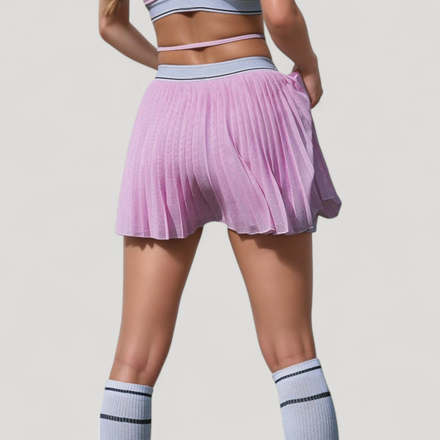 Athletic Pleated Mini Skirt with Double Layer Mesh Design and Contrast Waistband