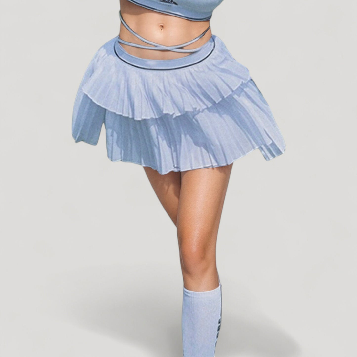 Athletic Pleated Mini Skirt with Double Layer Mesh Design and Contrast Waistband