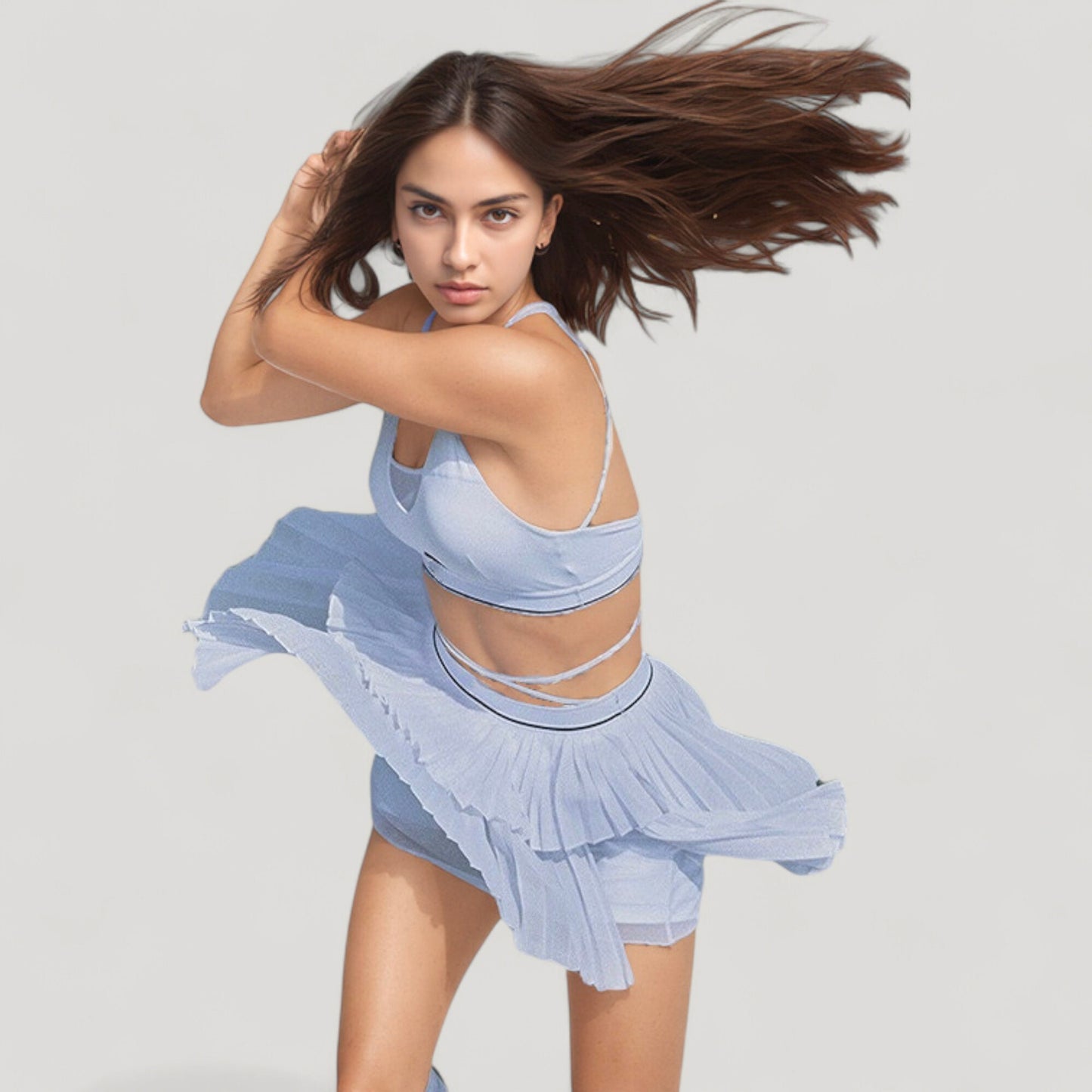 Athletic Pleated Mini Skirt with Double Layer Mesh Design and Contrast Waistband
