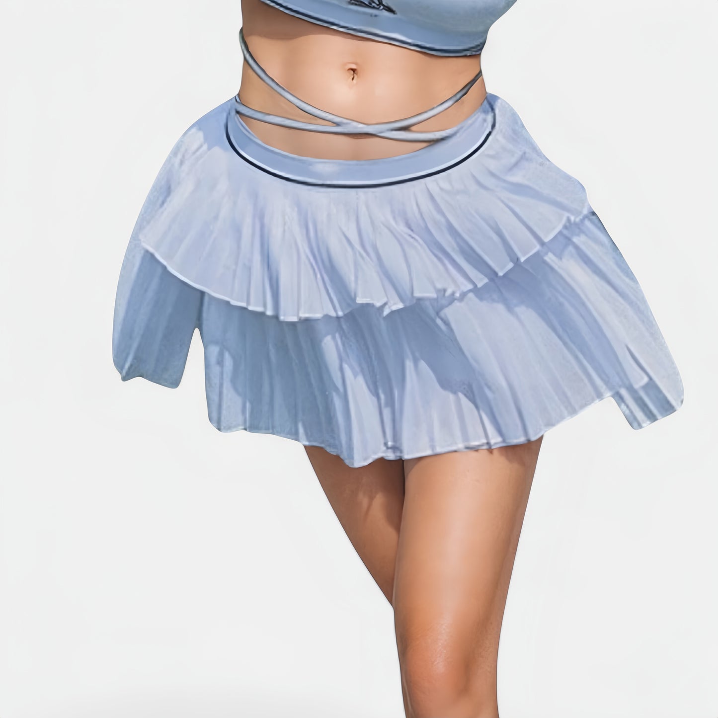 Athletic Pleated Mini Skirt with Double Layer Mesh Design and Contrast Waistband