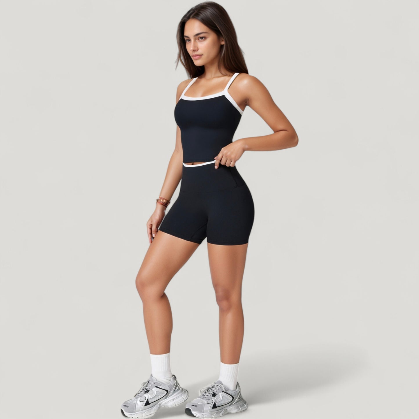 Square Neck Cropped Active Tank with Contrast Trim and Built-In Bra for Light Support