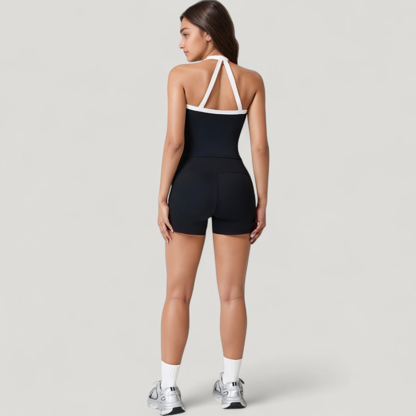 Square Neck Cropped Active Tank with Contrast Trim and Built-In Bra for Light Support